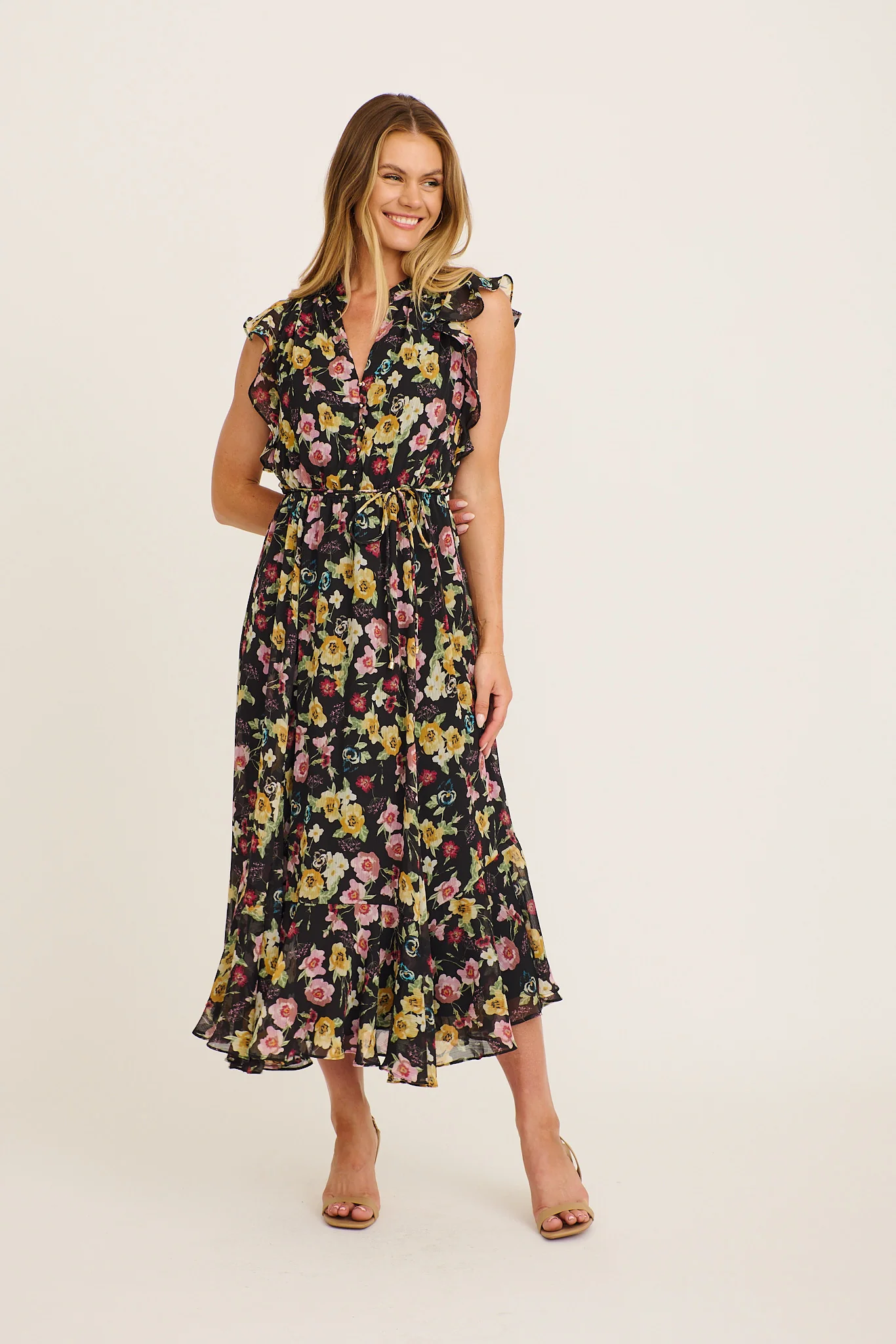 Executive Ease Maxi Dress in Black with Multi Floral Chiffon - Image 3
