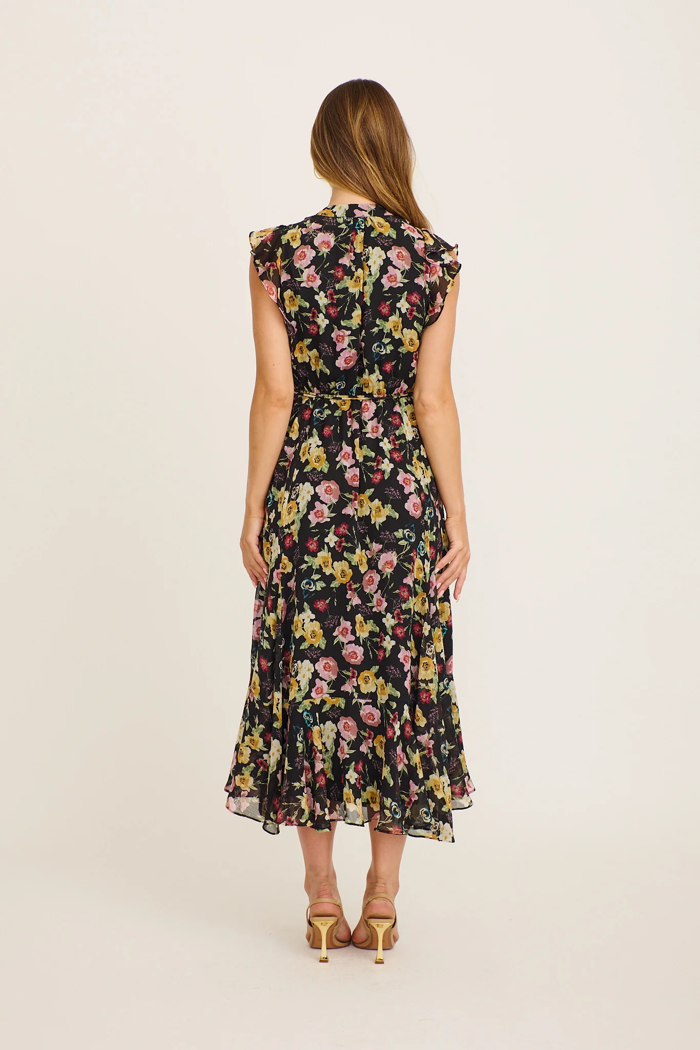 Executive Ease Maxi Dress in Black with Multi Floral Chiffon - Image 8