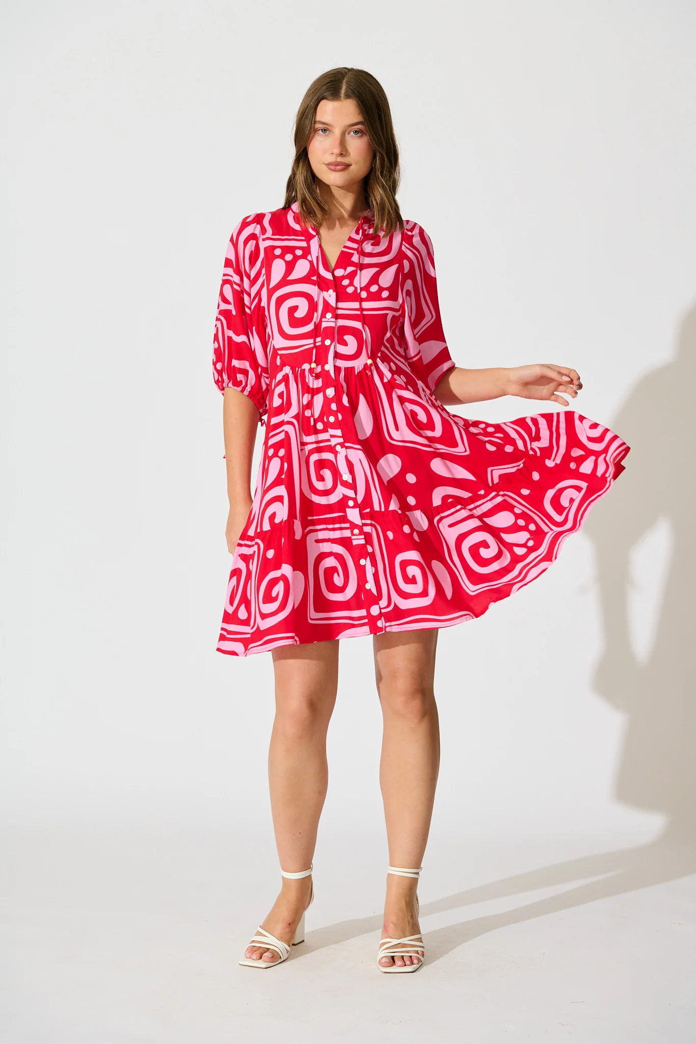 Falicia Smock Dress in Red Geometric Print
