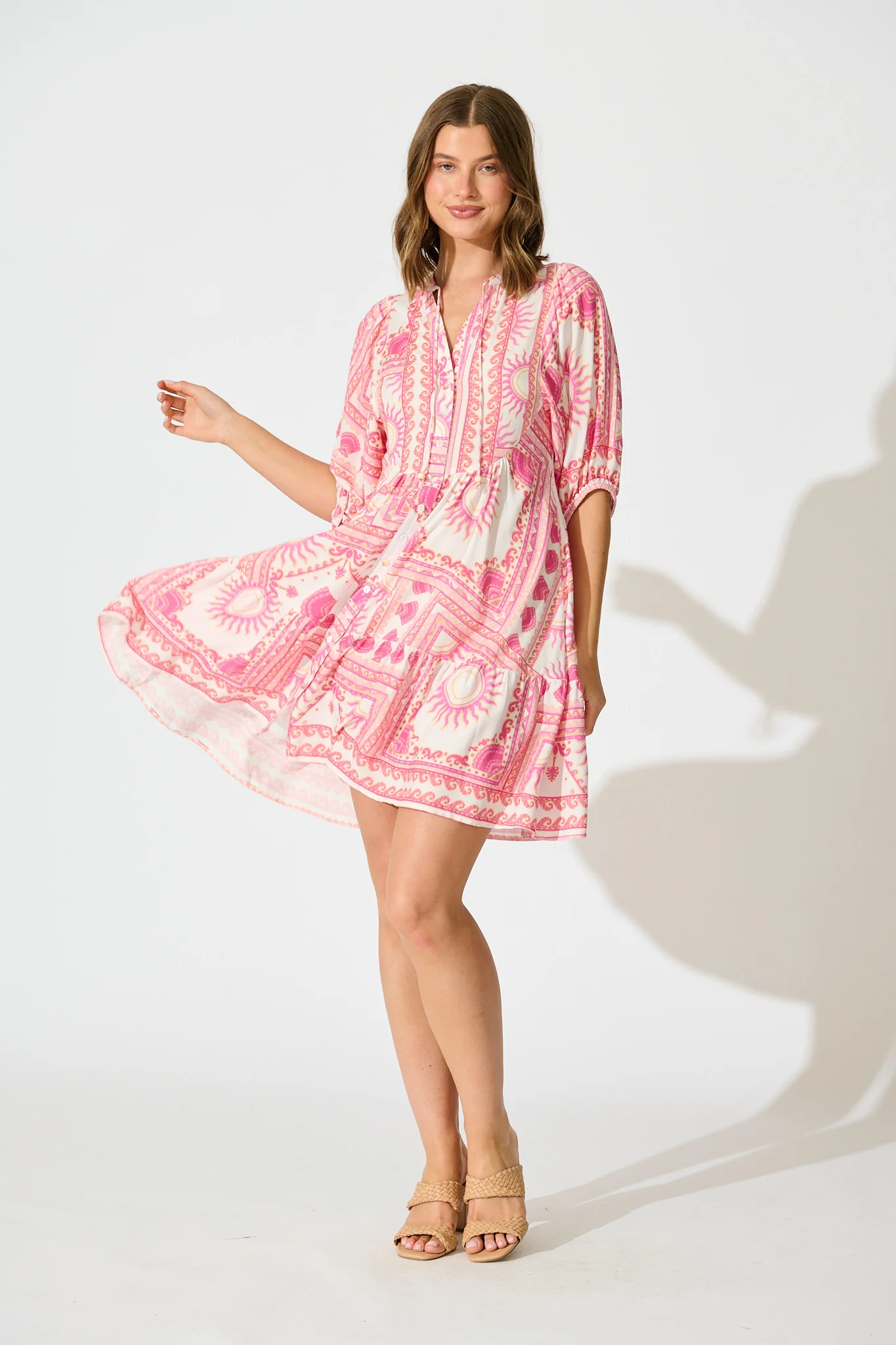 Falicia Smock Dress in White with Multi Pink Print