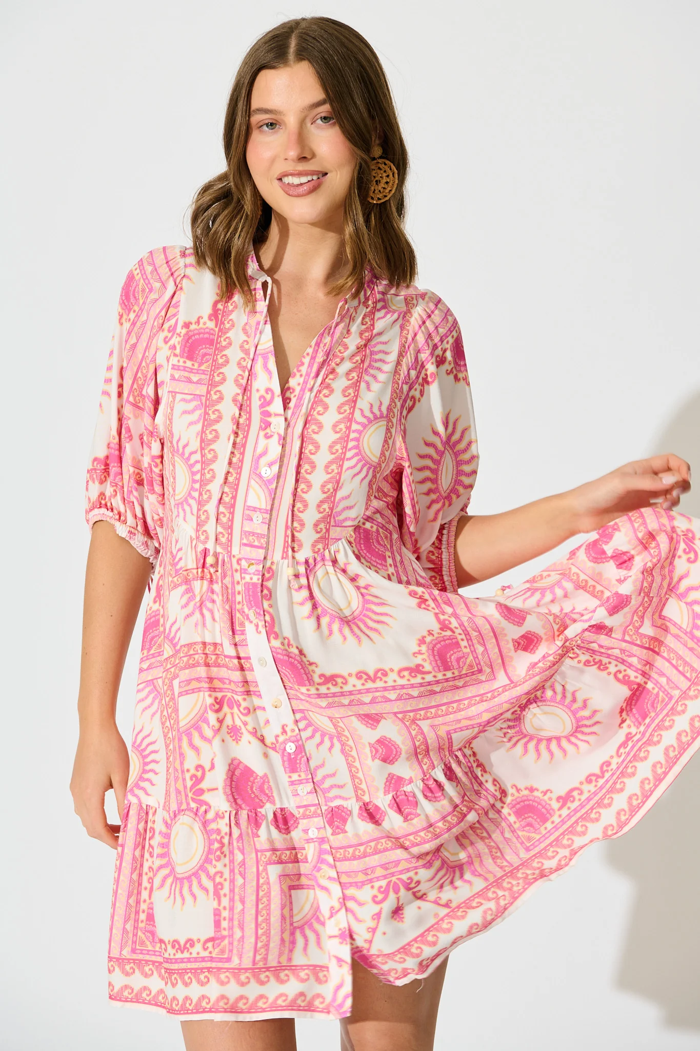 Falicia Smock Dress in White with Multi Pink Print - Image 2
