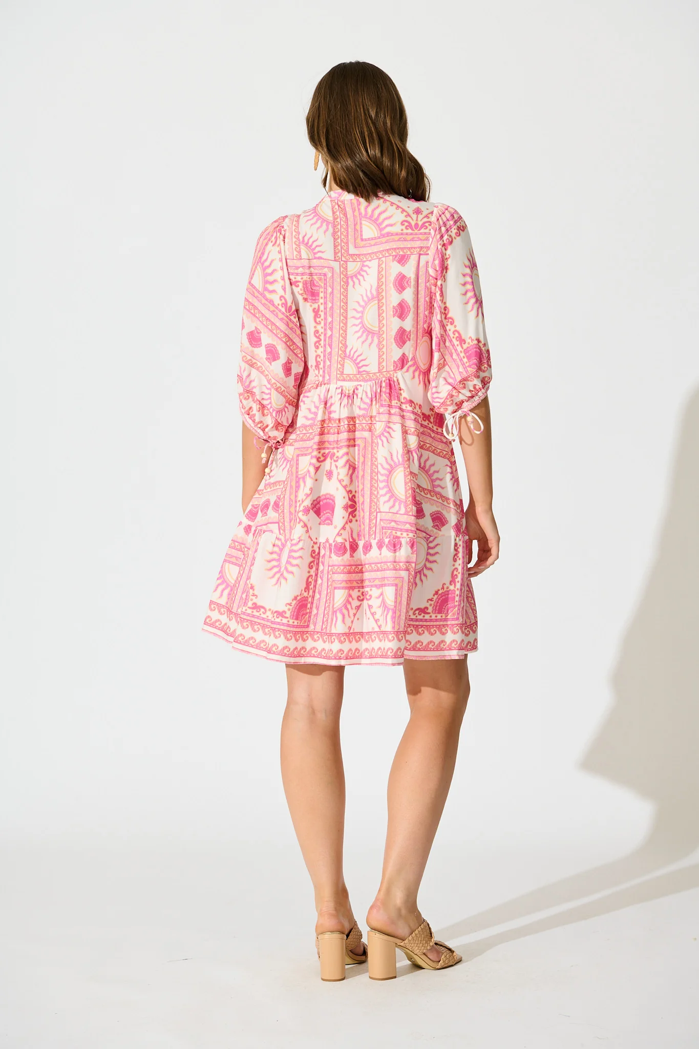 Falicia Smock Dress in White with Multi Pink Print - Image 4