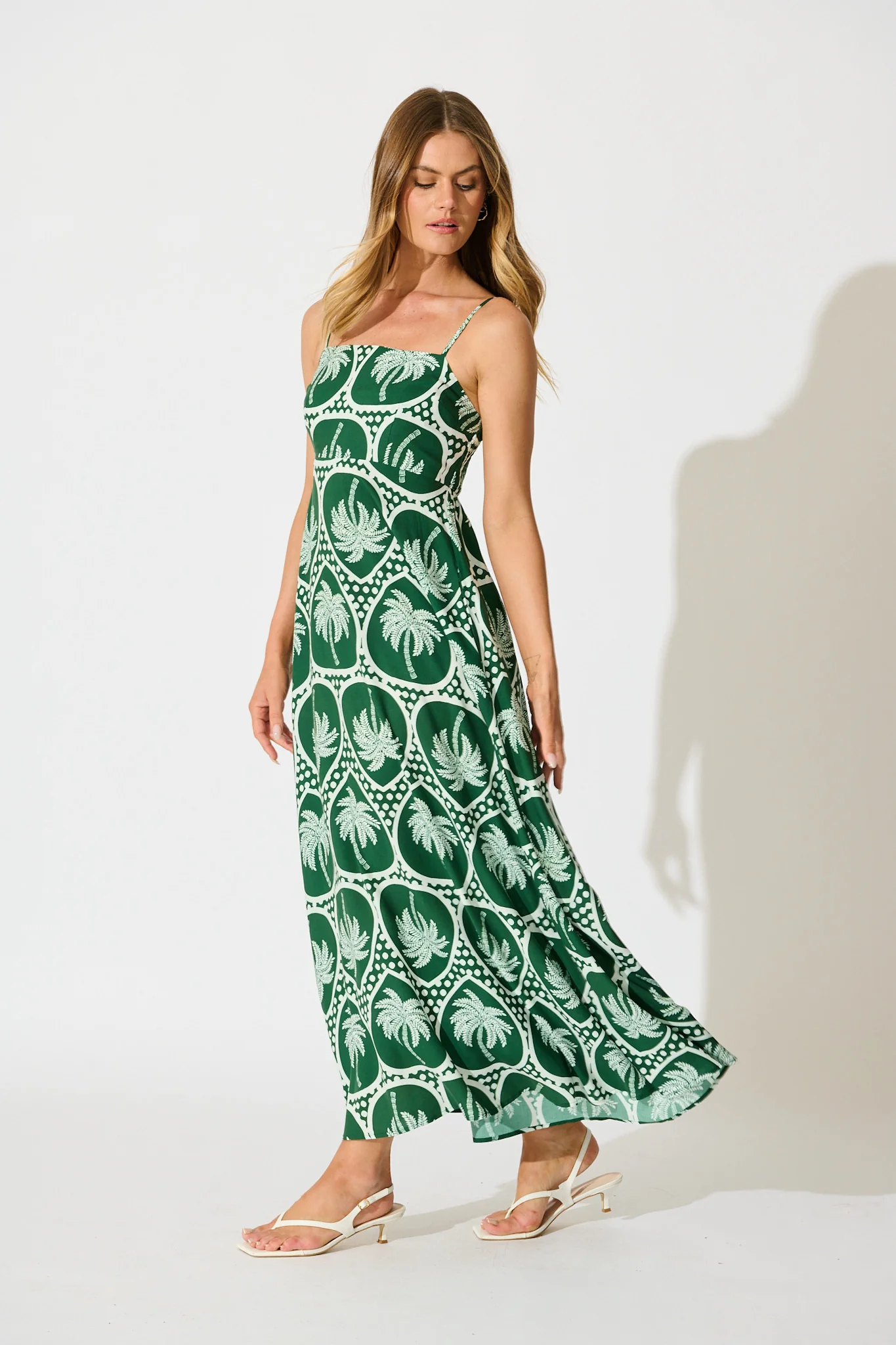 Fayda Maxi Sundress in Green Palm Tree Tiles Print - Image 3
