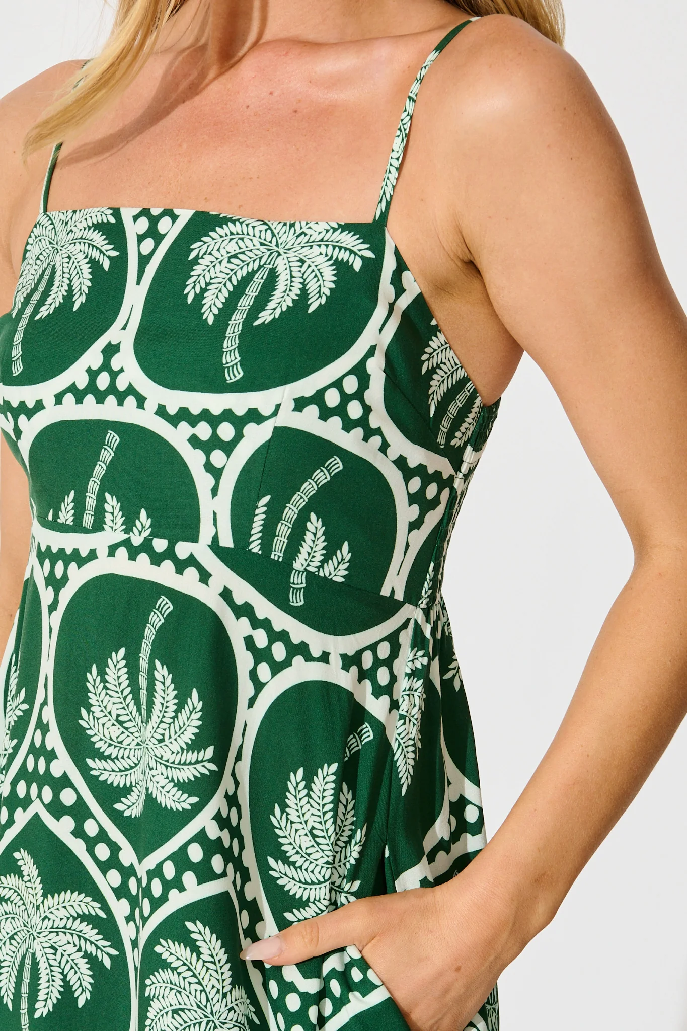 Fayda Maxi Sundress in Green Palm Tree Tiles Print - Image 5