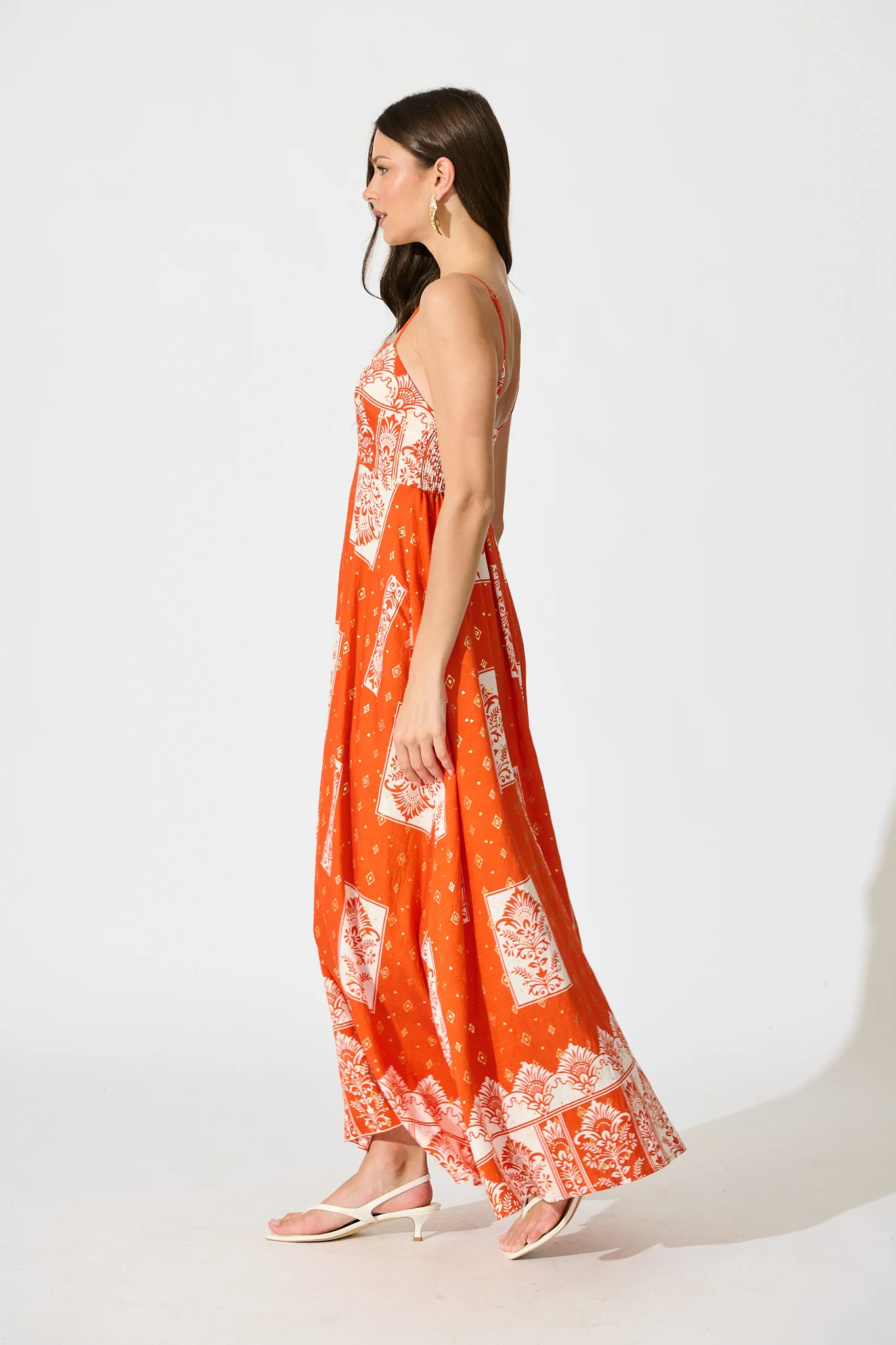Fayda Maxi Sundress in Orange with White Tile Linen Blend - Image 3