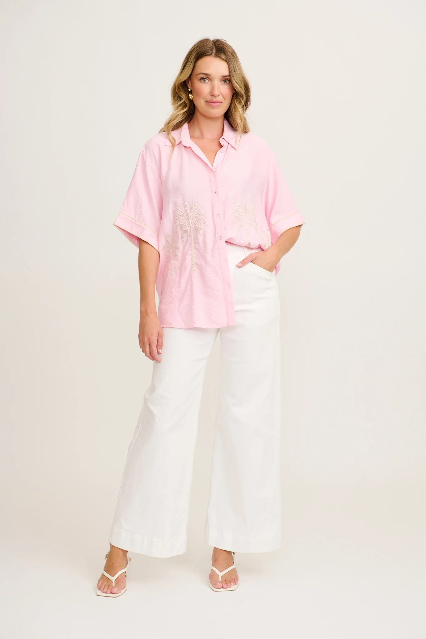 Fedra Shirt in Pink with Palm Tree Embroidery - Image 4