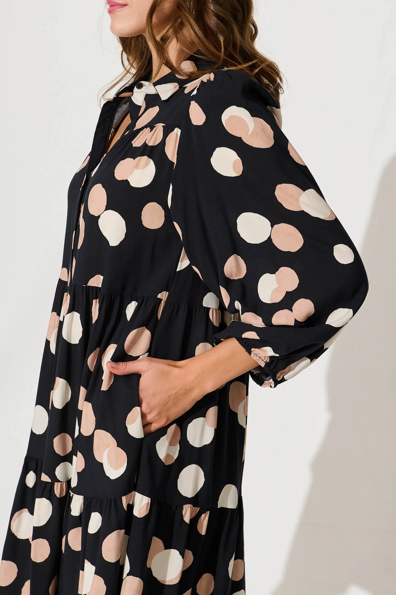 Felicity Smock Shirt Dress In Black With Cream Spot - Image 5