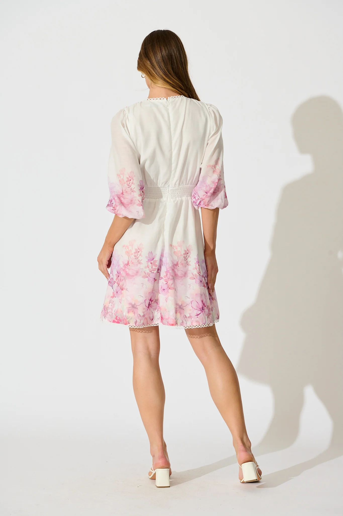 Fenella Dress in White with Purple Floral Cotton Blend - Image 4