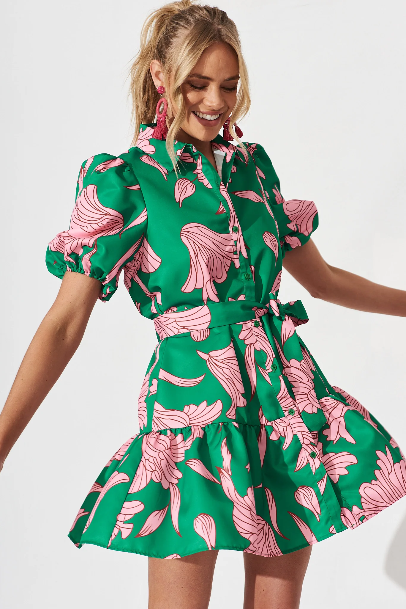 Fione Shirt Dress In Green With Pink Floral - Image 3