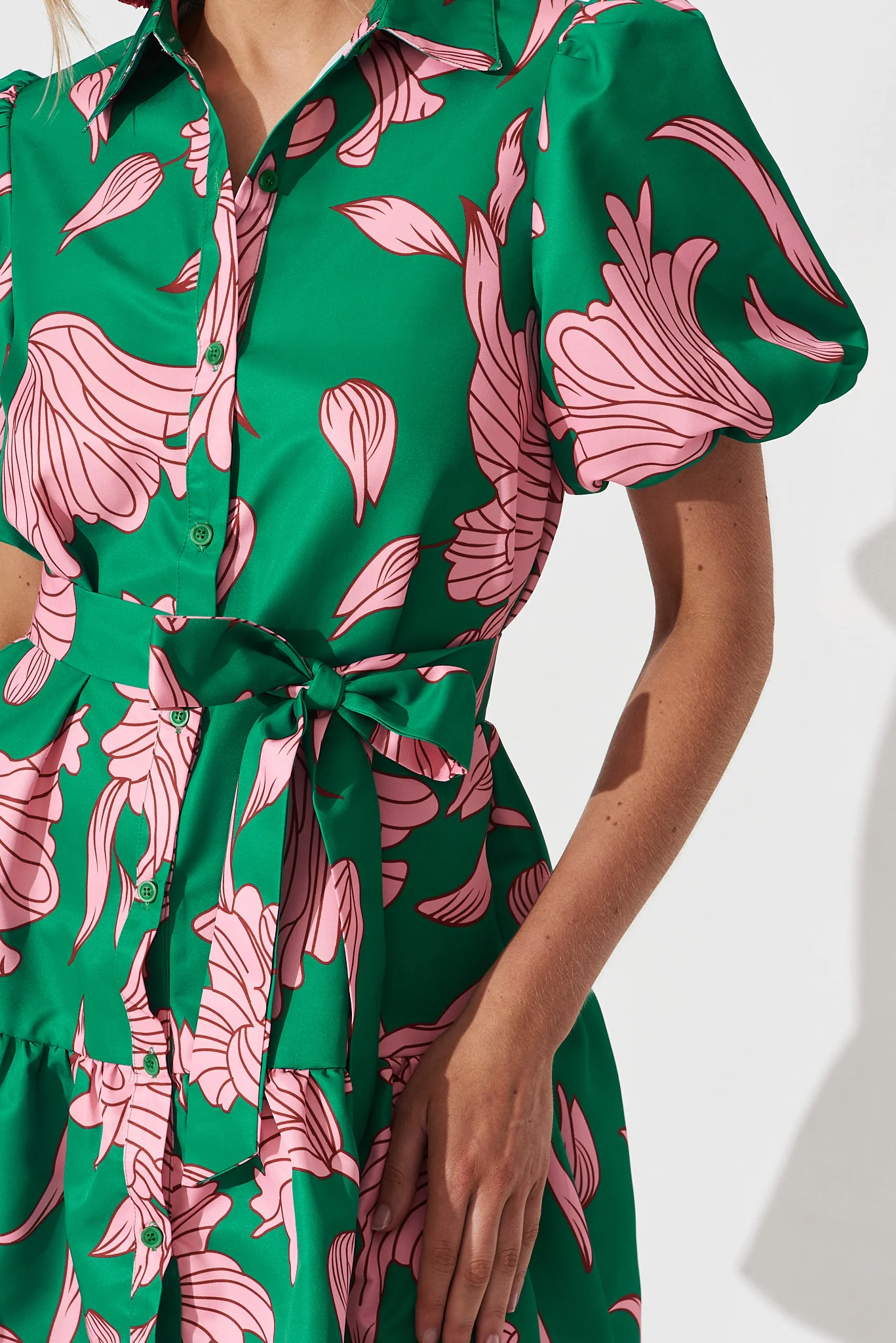 Fione Shirt Dress In Green With Pink Floral - Image 6