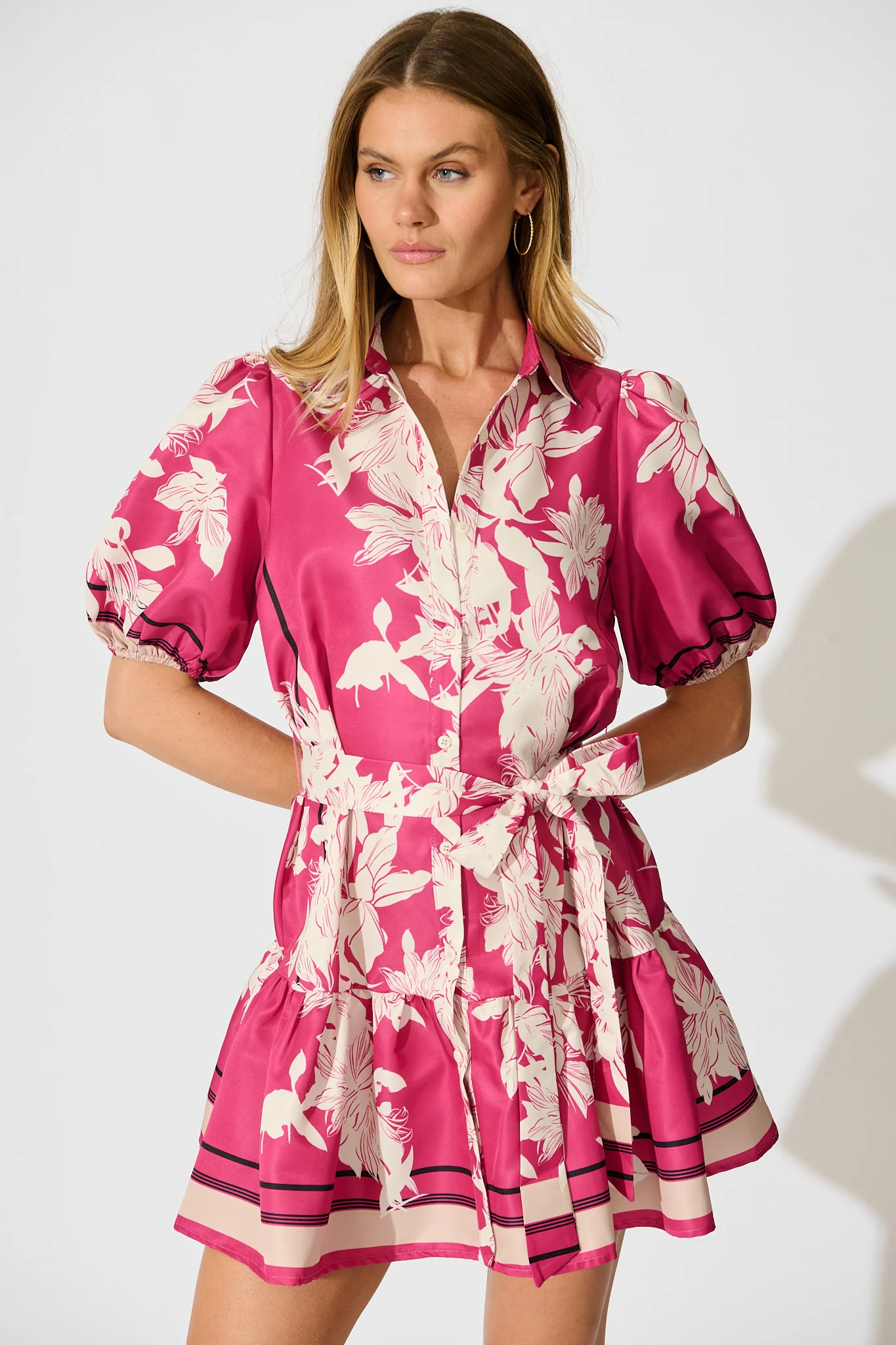 Fione Shirt Dress in Magenta Floral Satin - Image 2