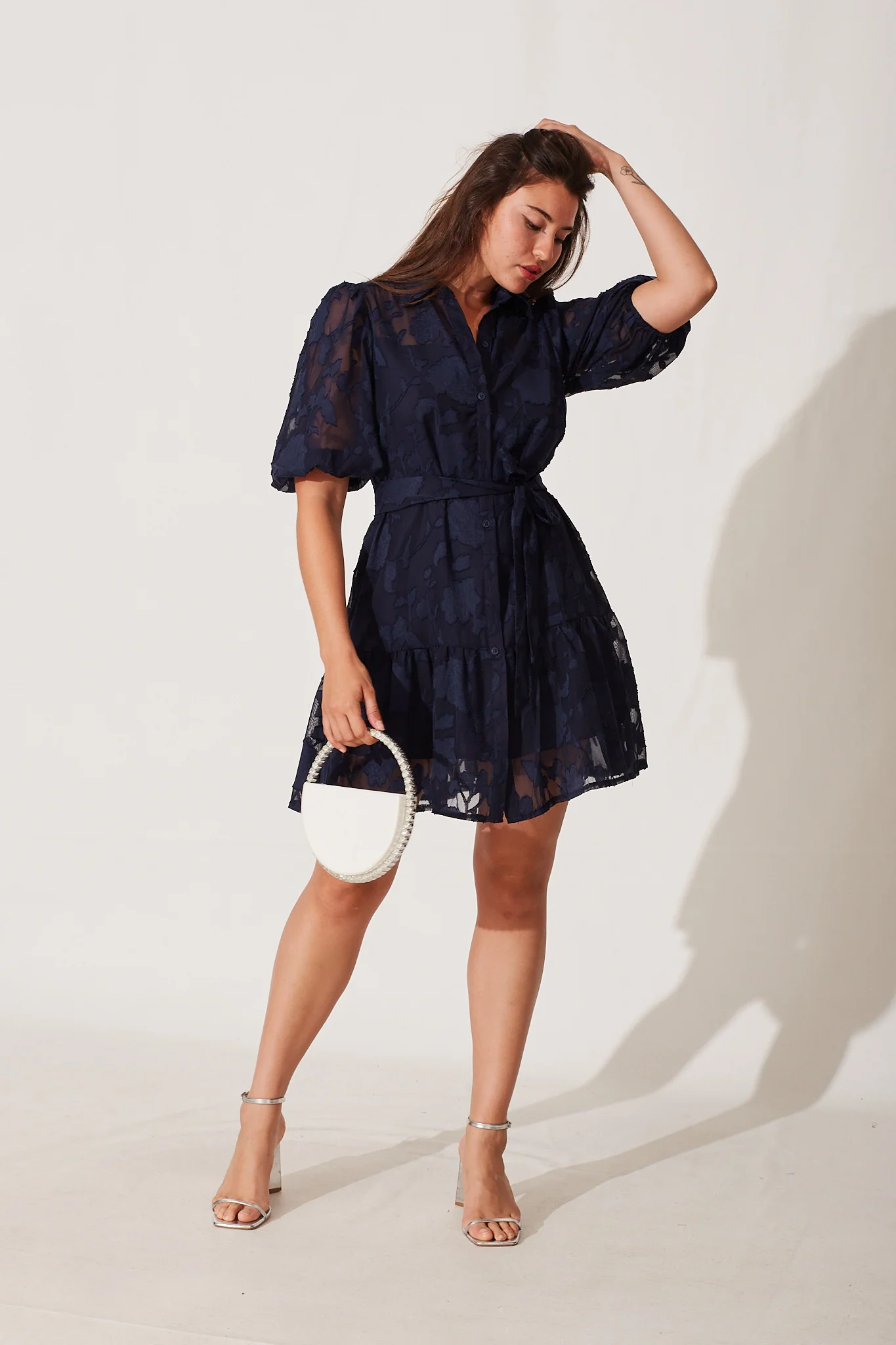Fione Shirt Dress In Navy Burnout Chiffon
