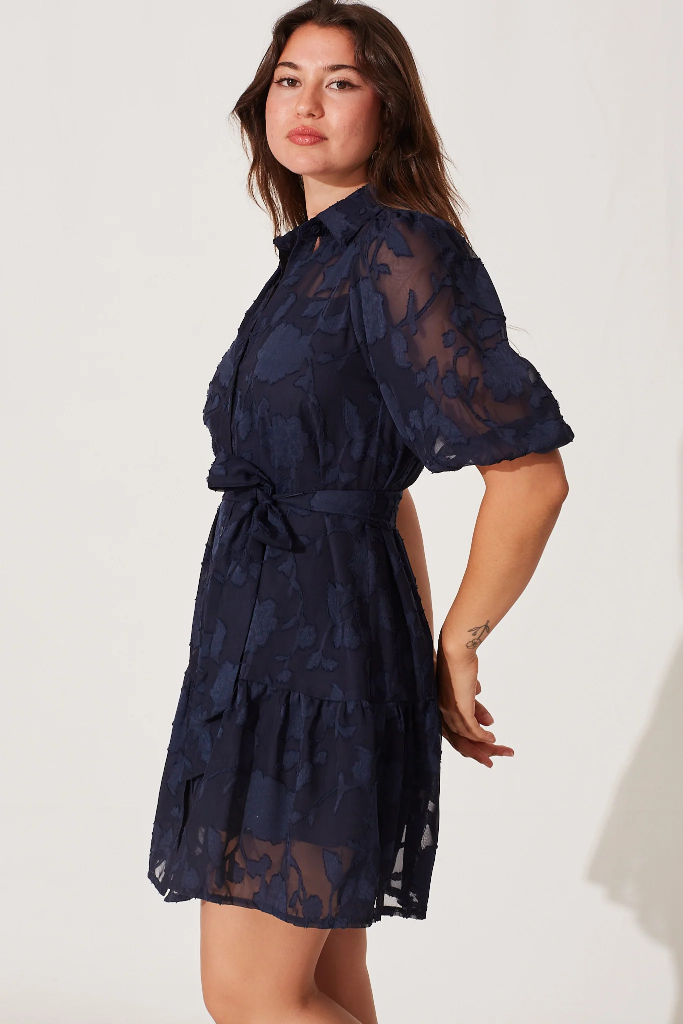 Fione Shirt Dress In Navy Burnout Chiffon - Image 3