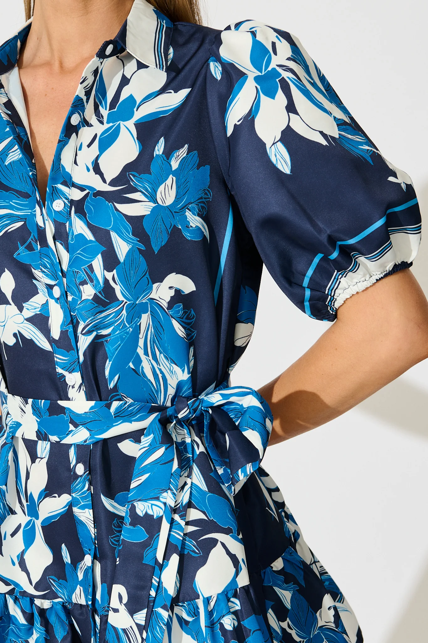 Fione Shirt Dress in Navy Floral Satin - Image 5