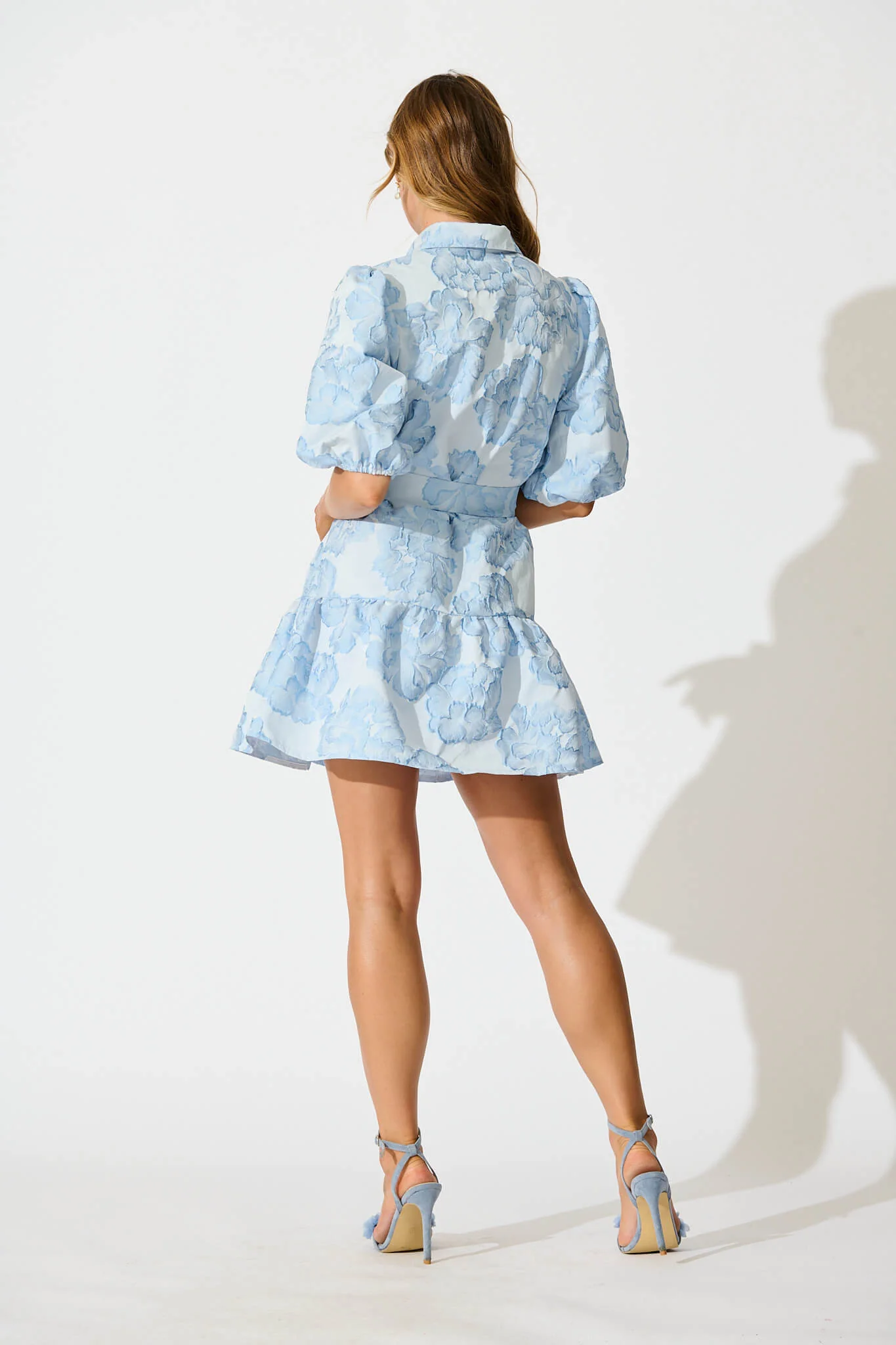 Fione Shirt Dress in Pale Blue Floral Jacquard - Image 4