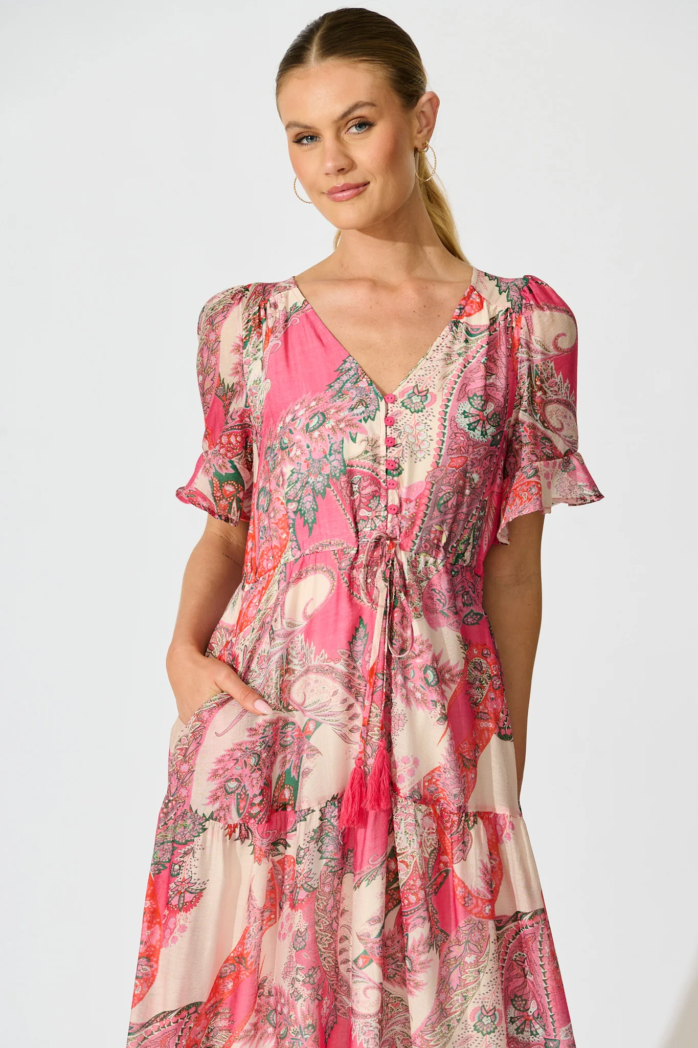 Flamenco Rose Midi Dress in Pink with Boho Print - Image 2