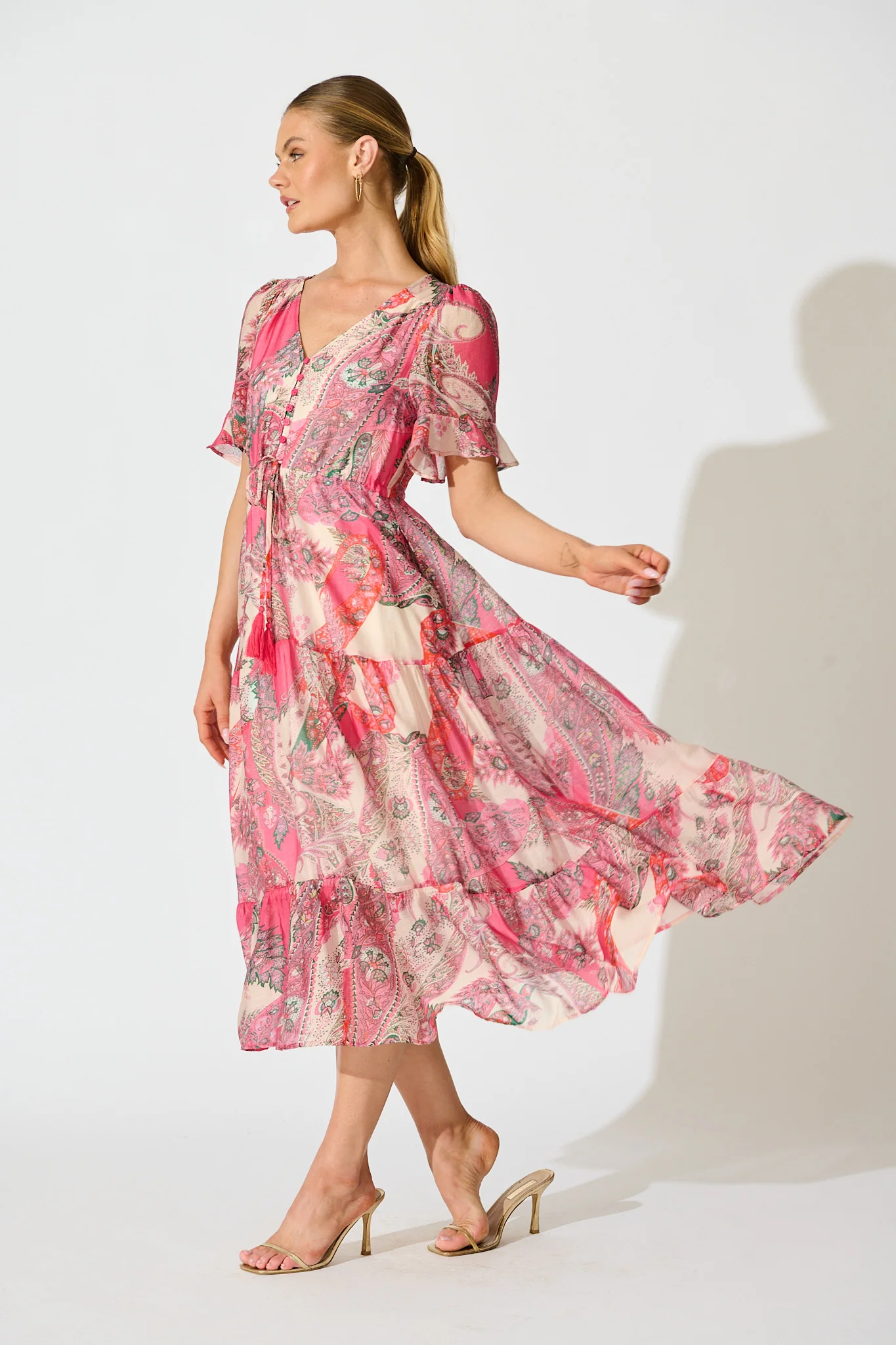 Flamenco Rose Midi Dress in Pink with Boho Print - Image 3