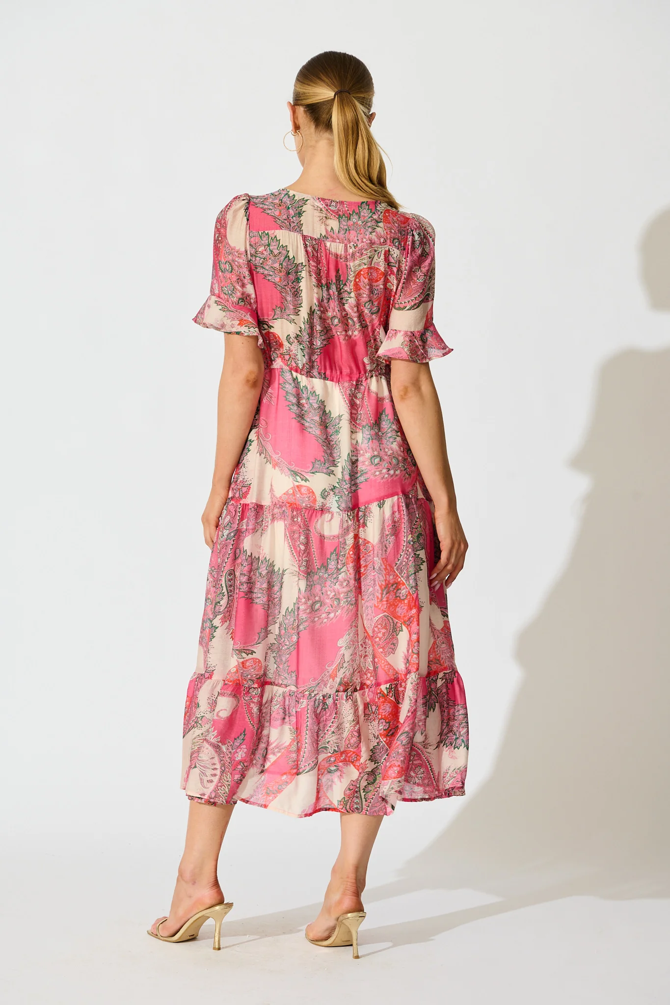 Flamenco Rose Midi Dress in Pink with Boho Print - Image 4
