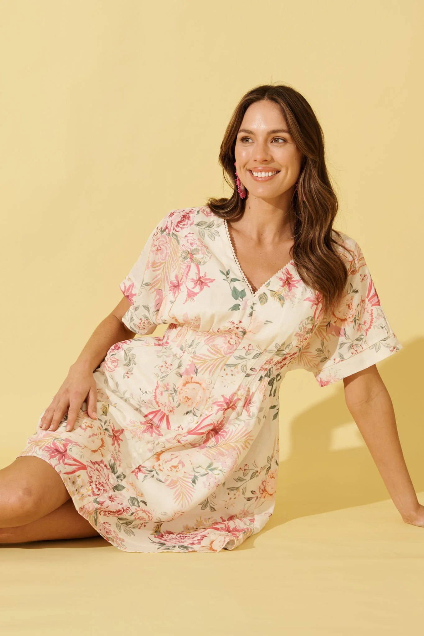 Fleur Haven Dress In Butter Yellow Pink Floral Linen Blend - Image 2