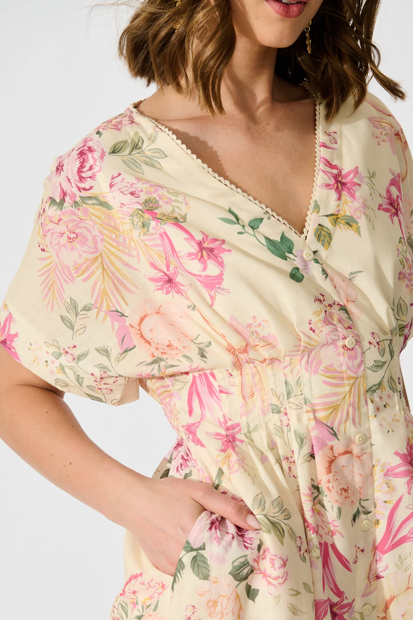 Fleur Haven Dress In Butter Yellow Pink Floral Linen Blend - Image 7