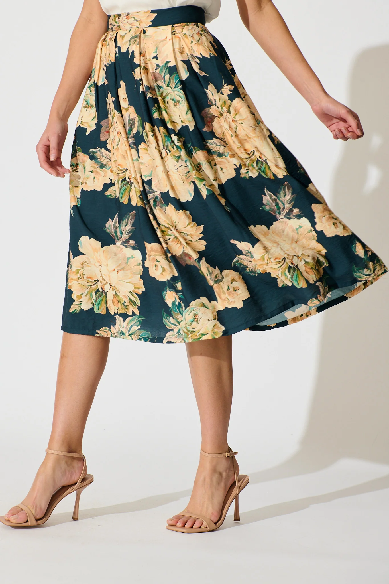 Fleurette Midi Skirt in Teal with Cream Floral - Image 2
