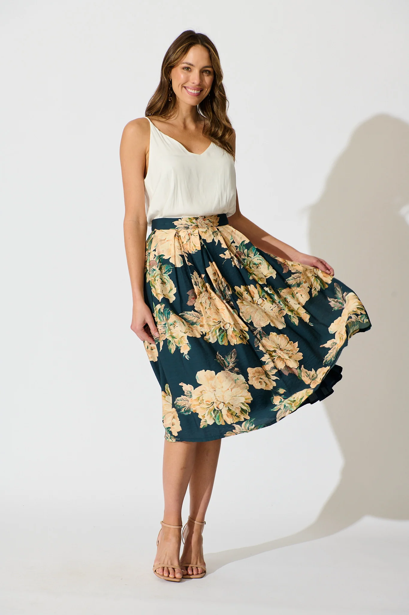 Fleurette Midi Skirt in Teal with Cream Floral - Image 4