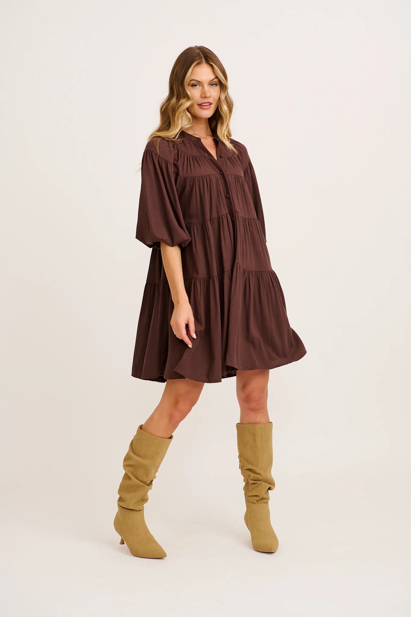 Floating Free Smock Dress in Chocolate Cotton Linen