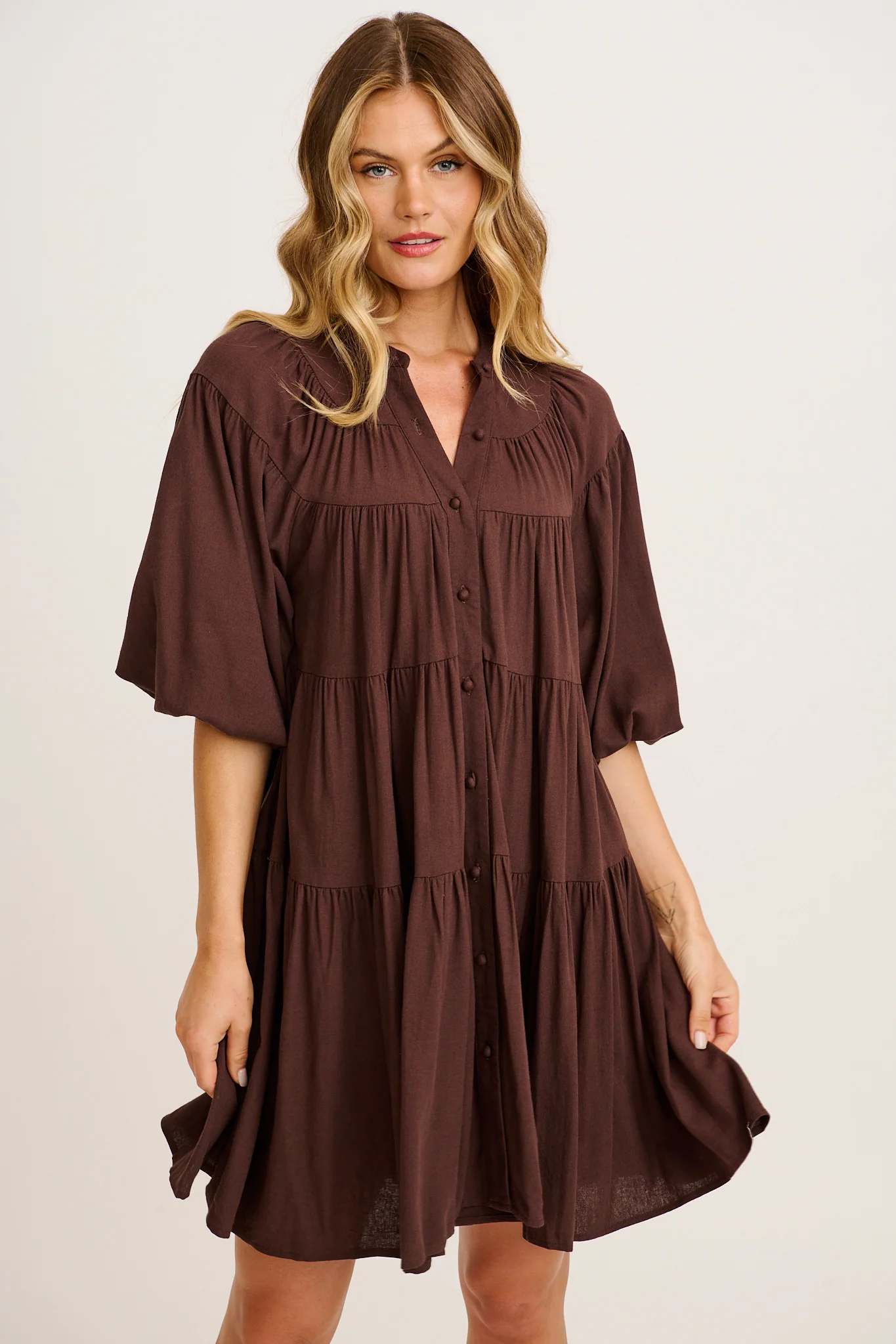 Floating Free Smock Dress in Chocolate Cotton Linen - Image 2