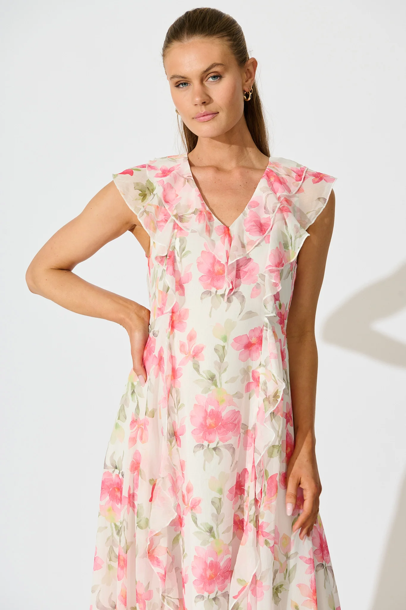 Flora Belle Midi Dress in White with Pink Floral - Image 2