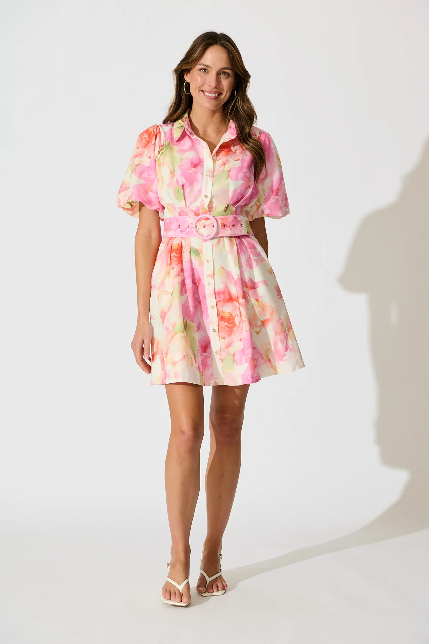 Flora Belle Shirt Dress in Pink Multi Floral Linen Blend - Image 3
