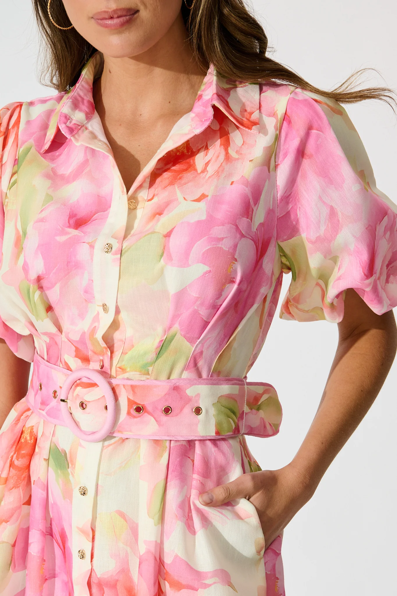 Flora Belle Shirt Dress in Pink Multi Floral Linen Blend - Image 7