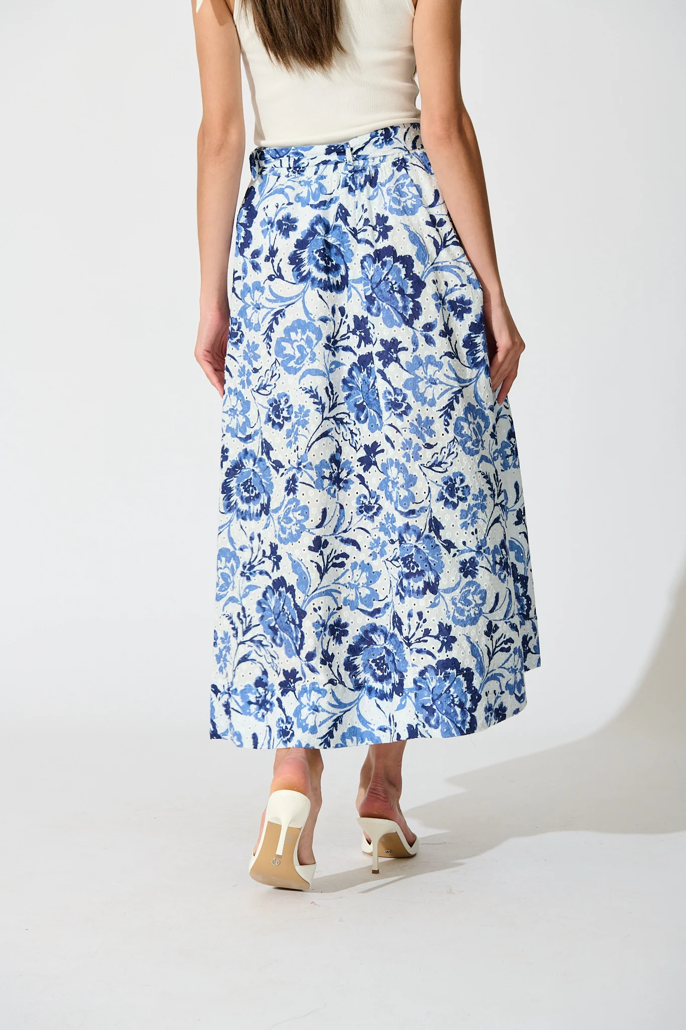 Florabel Maxi Skirt in White with Blue Floral Embroidery - Image 3