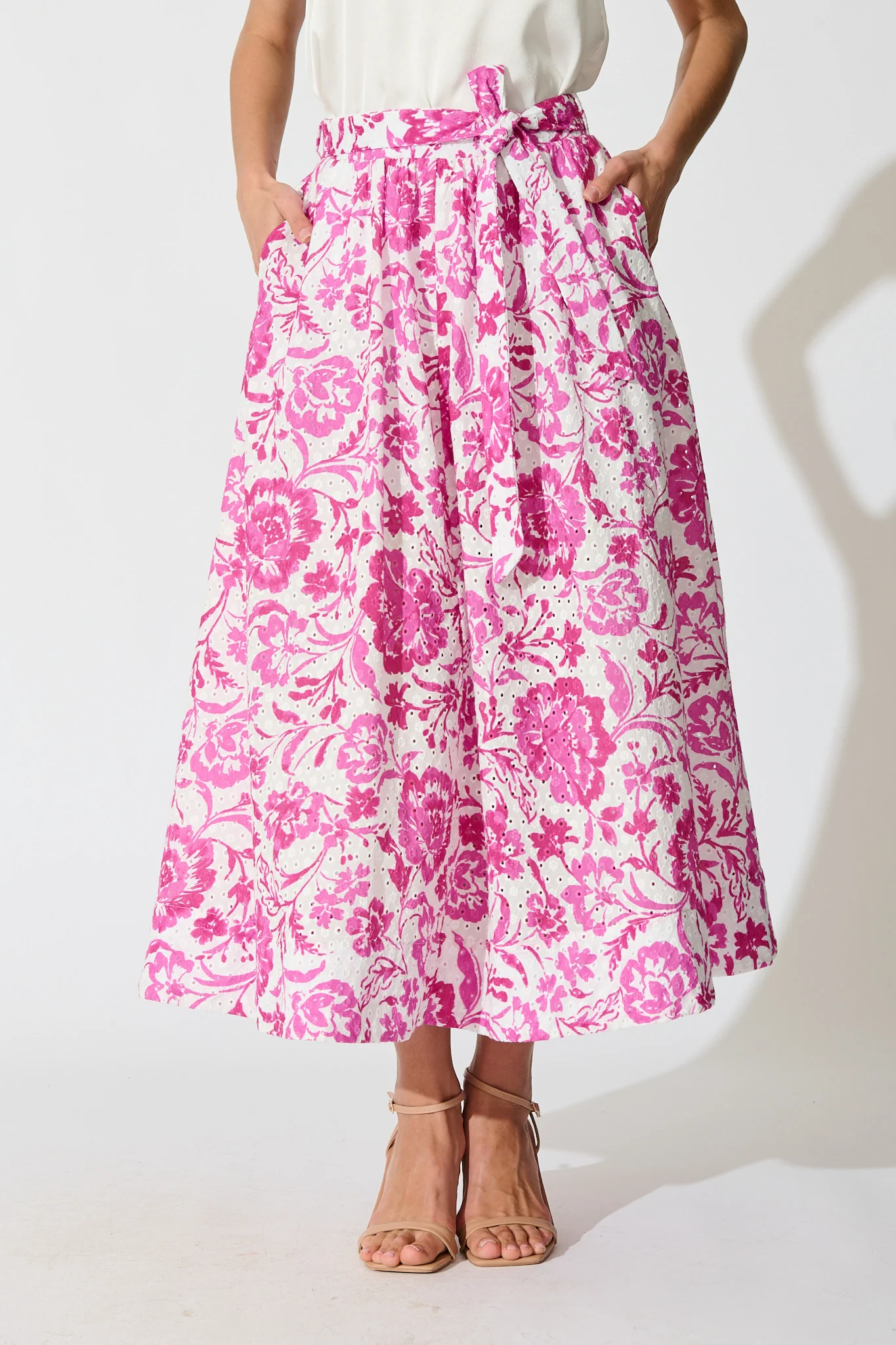 Florabel Maxi Skirt in White with Pink Floral Embroidery