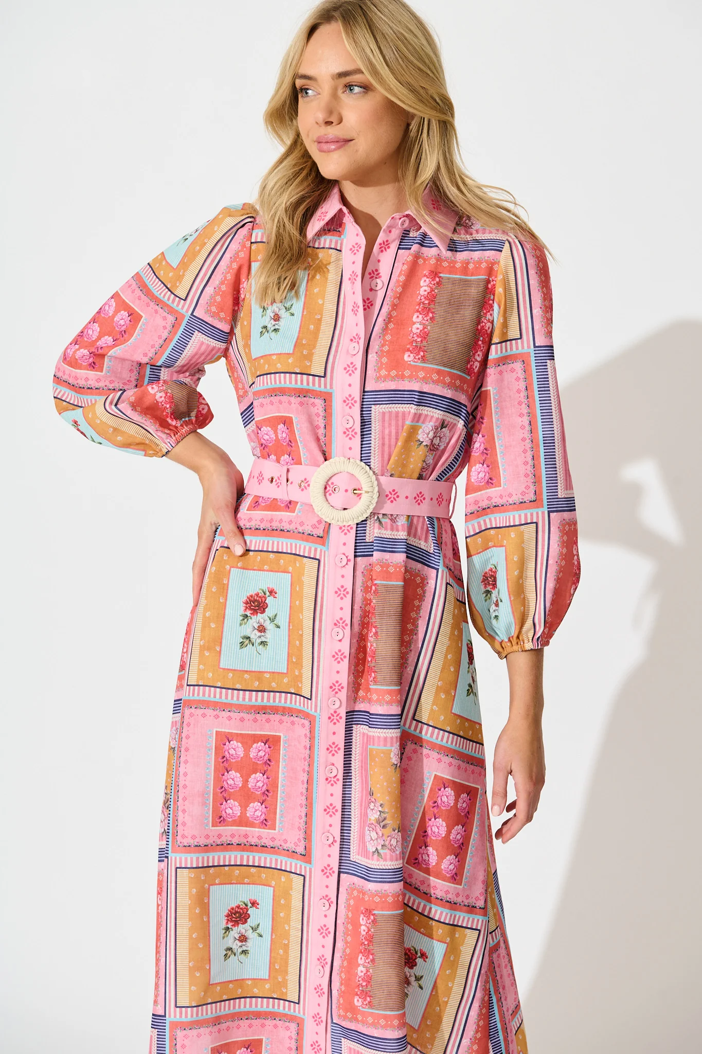 Floral Mirage Midi Shirt Dress in Pink Multi Floral Tile Print - Image 2