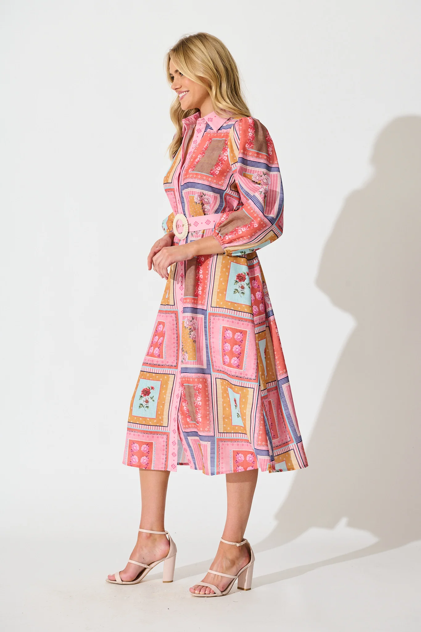 Floral Mirage Midi Shirt Dress in Pink Multi Floral Tile Print - Image 3