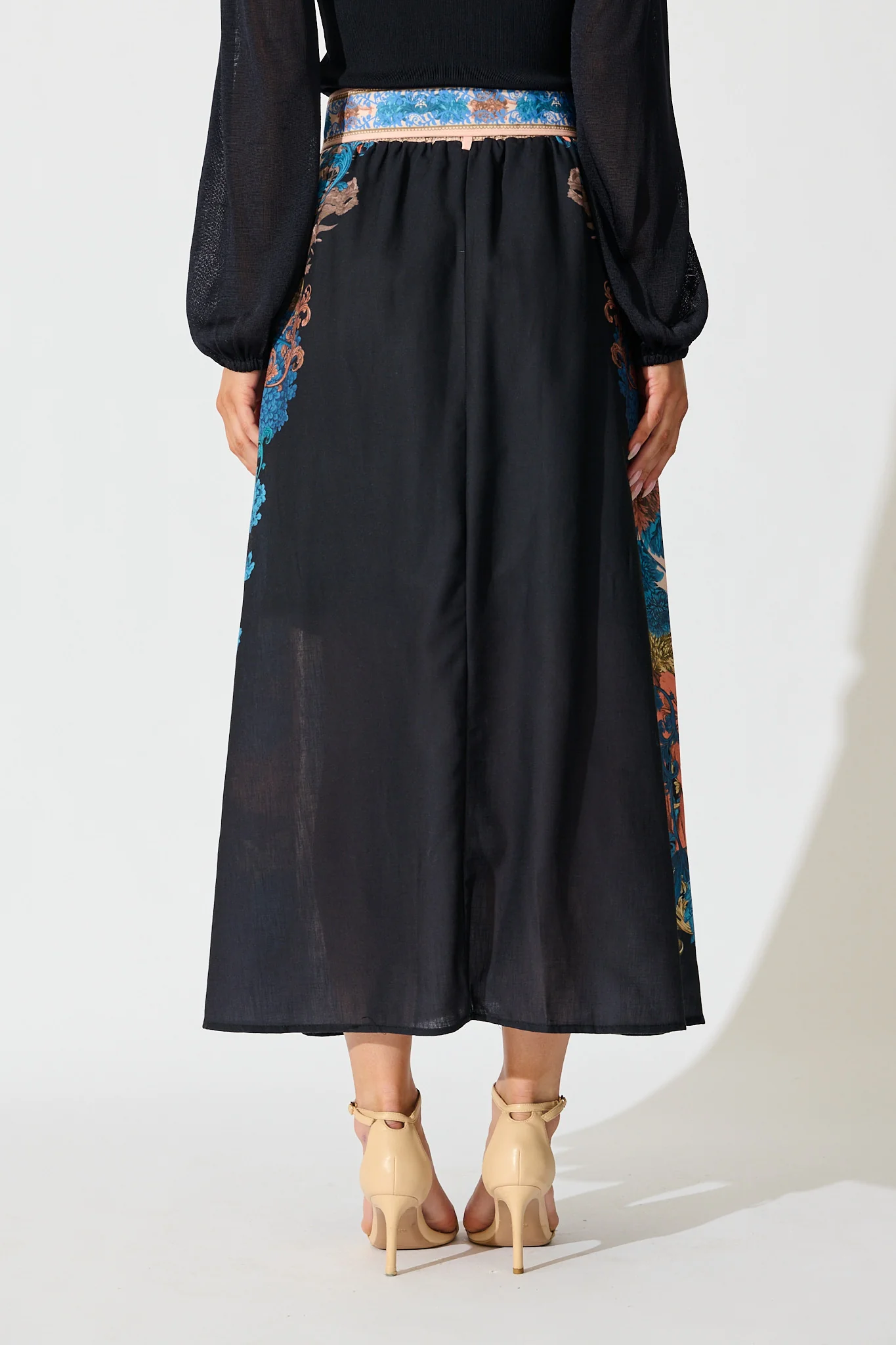 Floral Muse Maxi Skirt in Black Multi Floral Linen Blend - Image 4