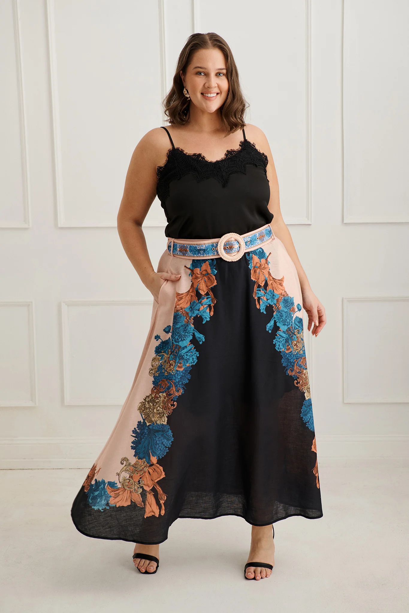 Floral Muse Maxi Skirt in Black Multi Floral Linen Blend - Image 6