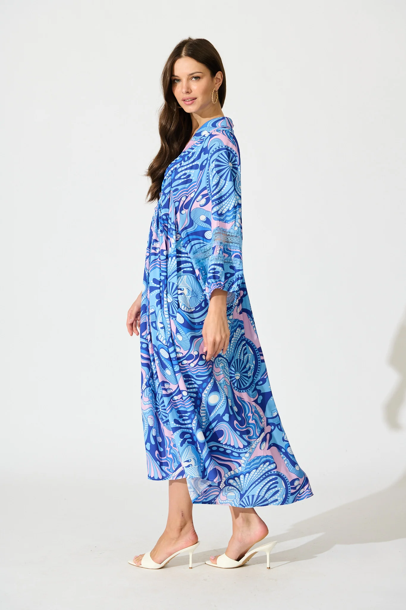 Flore Midi Smock Dress in Multi Blue Print - Image 3