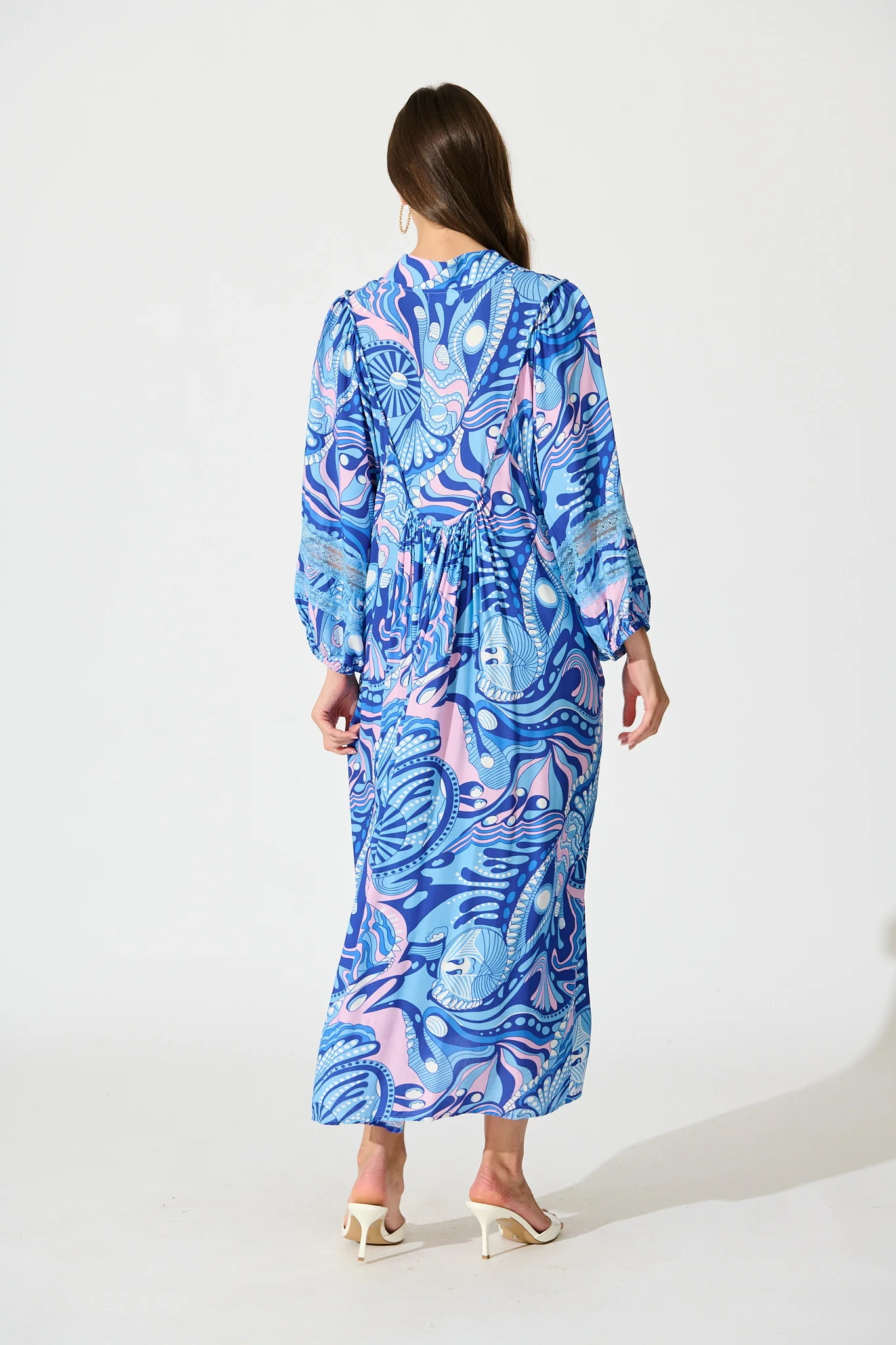 Flore Midi Smock Dress in Multi Blue Print - Image 4