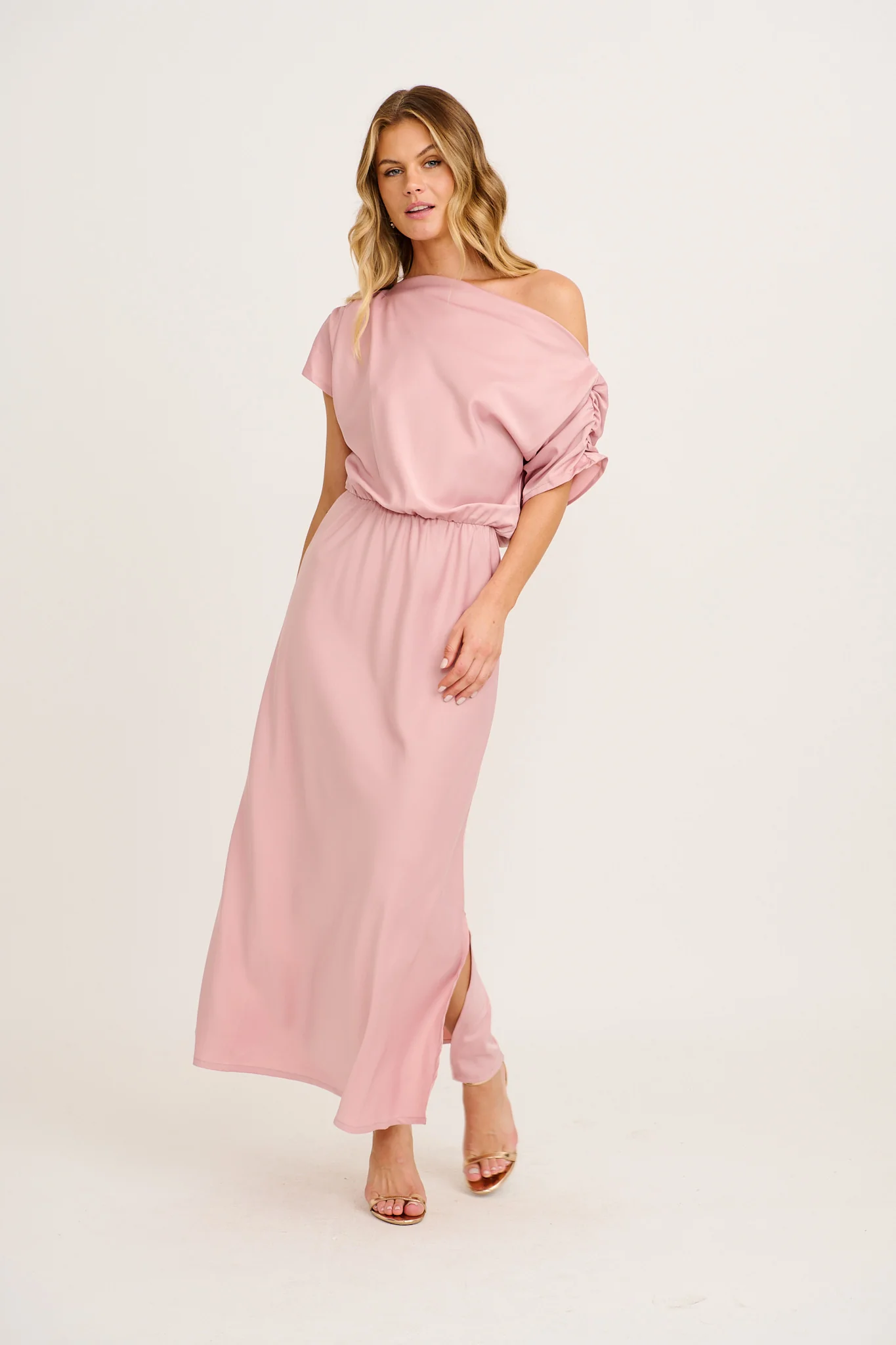 Forever And Always Maxi Off Shoulder Dress in Blush Satin - Image 2