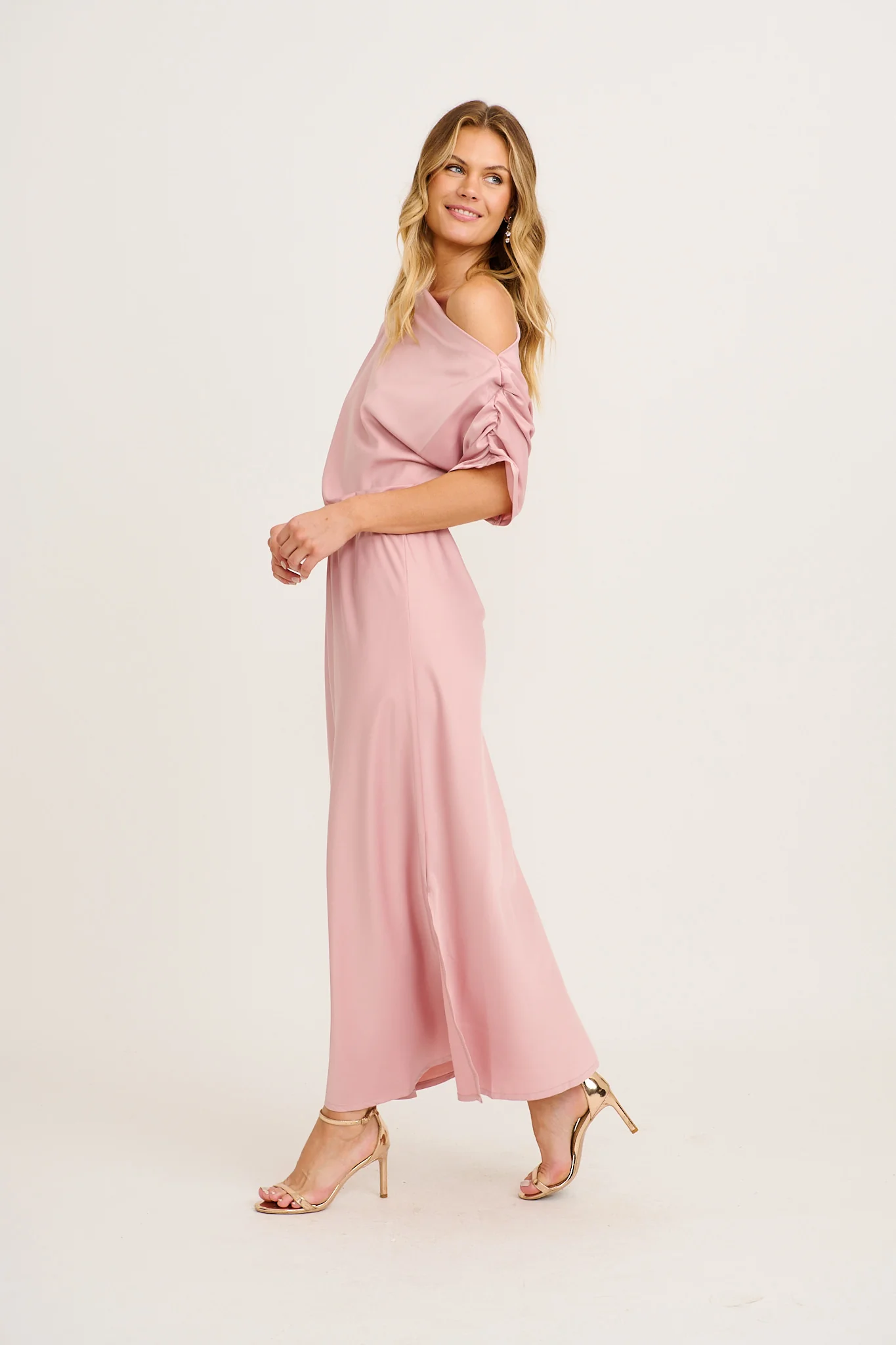 Forever And Always Maxi Off Shoulder Dress in Blush Satin - Image 5