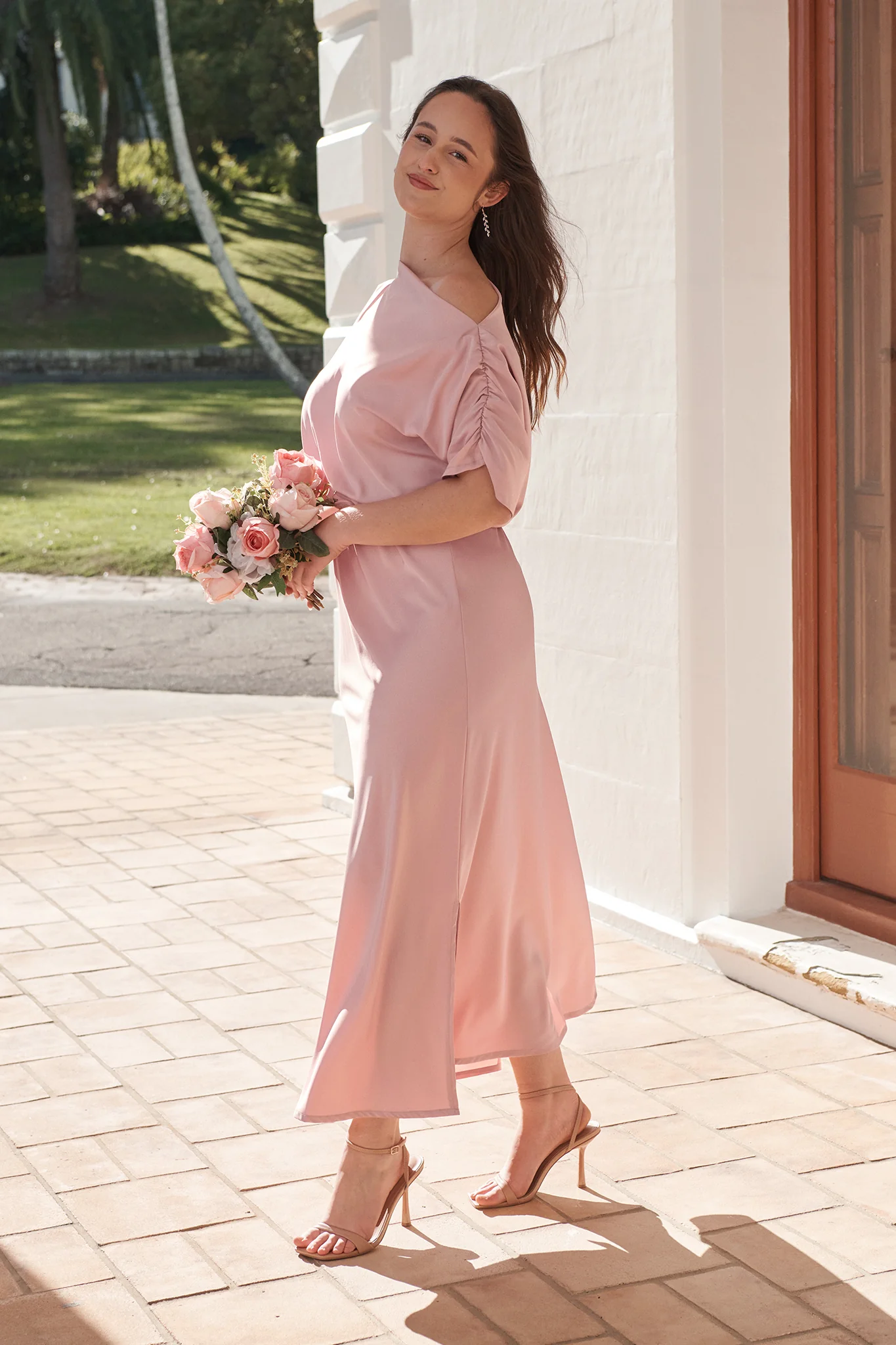Forever And Always Maxi Off Shoulder Dress in Blush Satin - Image 8