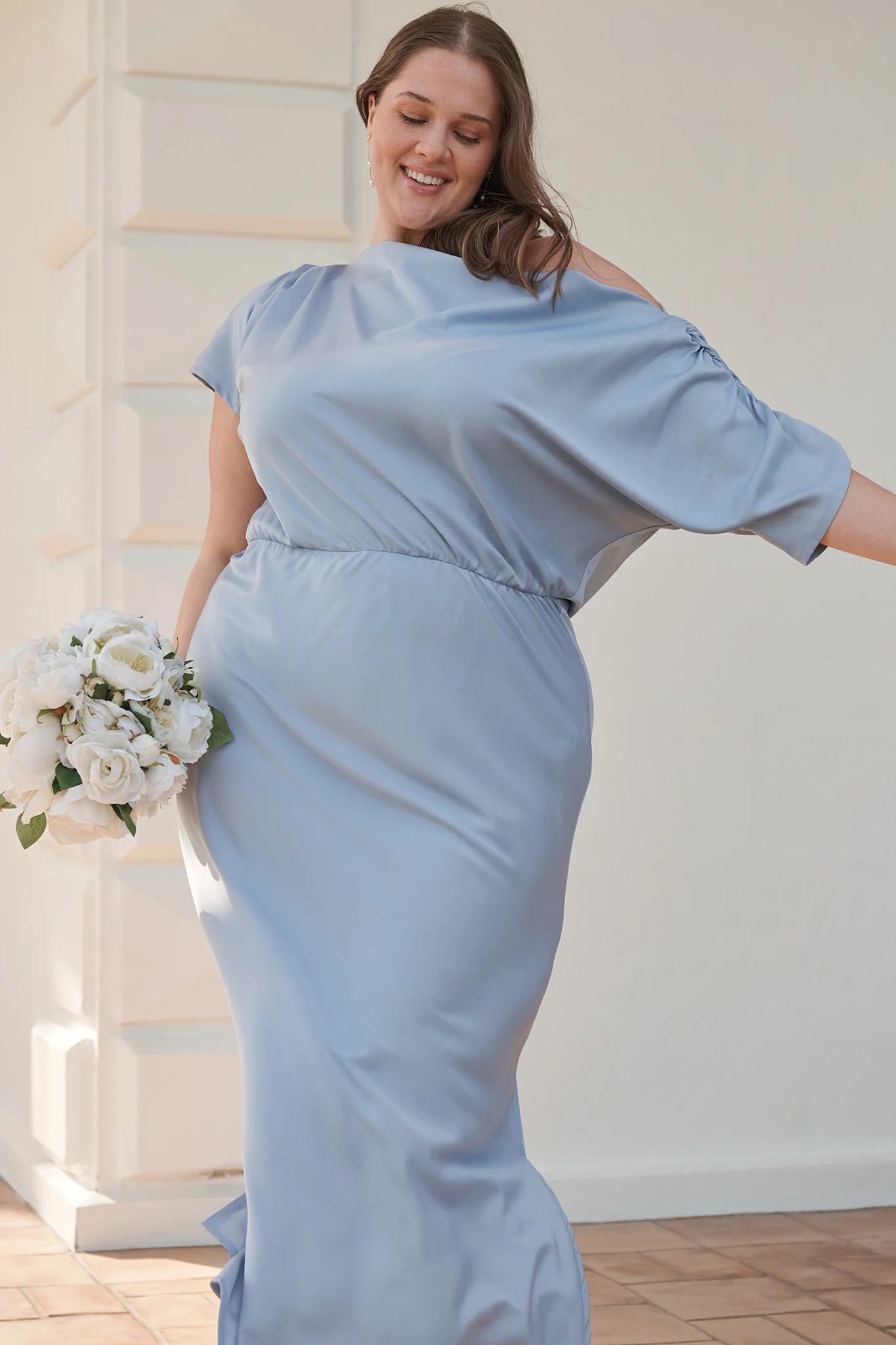 Forever And Always Maxi Off Shoulder Dress in Ice Blue Satin - Image 3