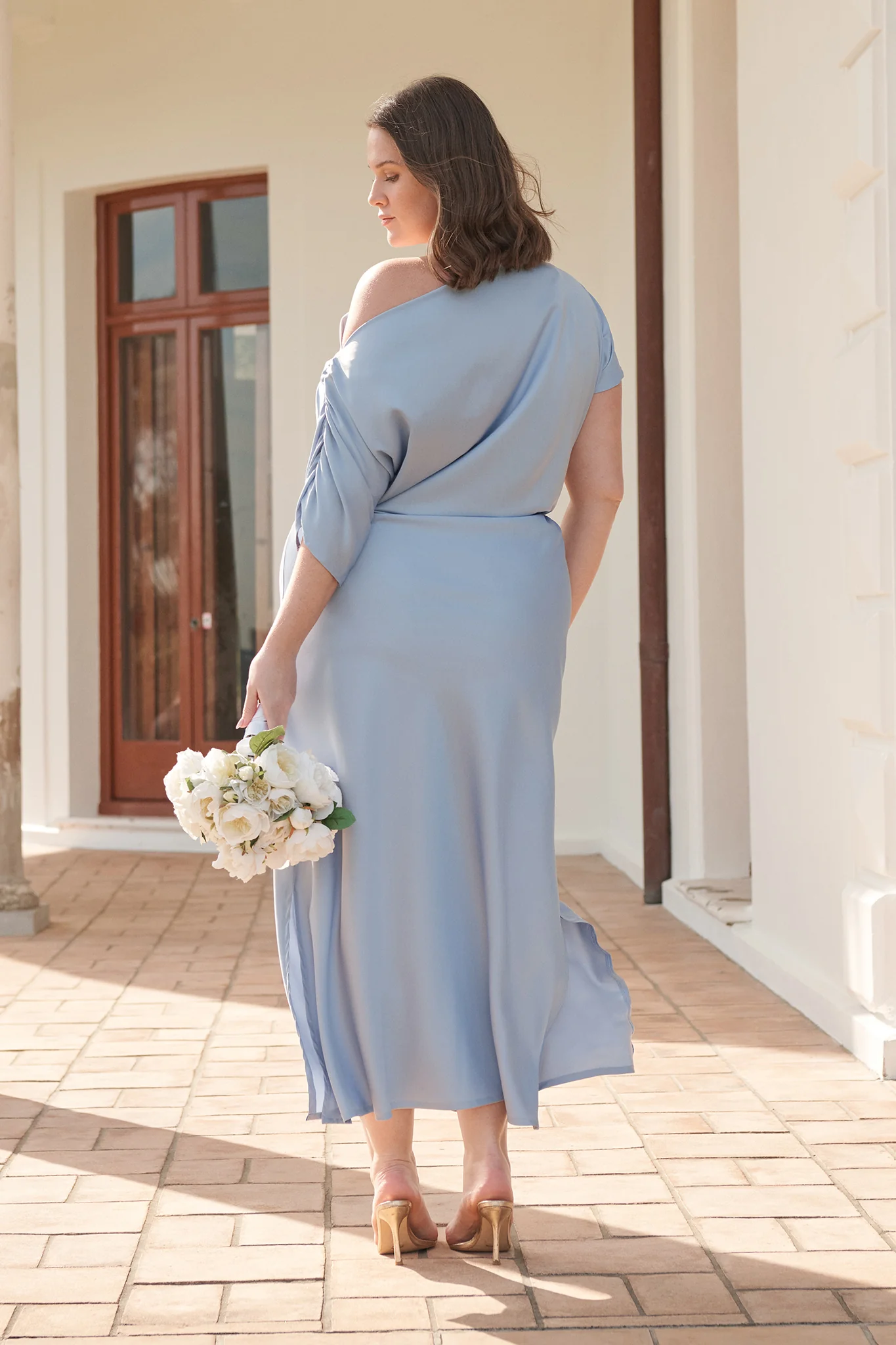 Forever And Always Maxi Off Shoulder Dress in Ice Blue Satin - Image 4