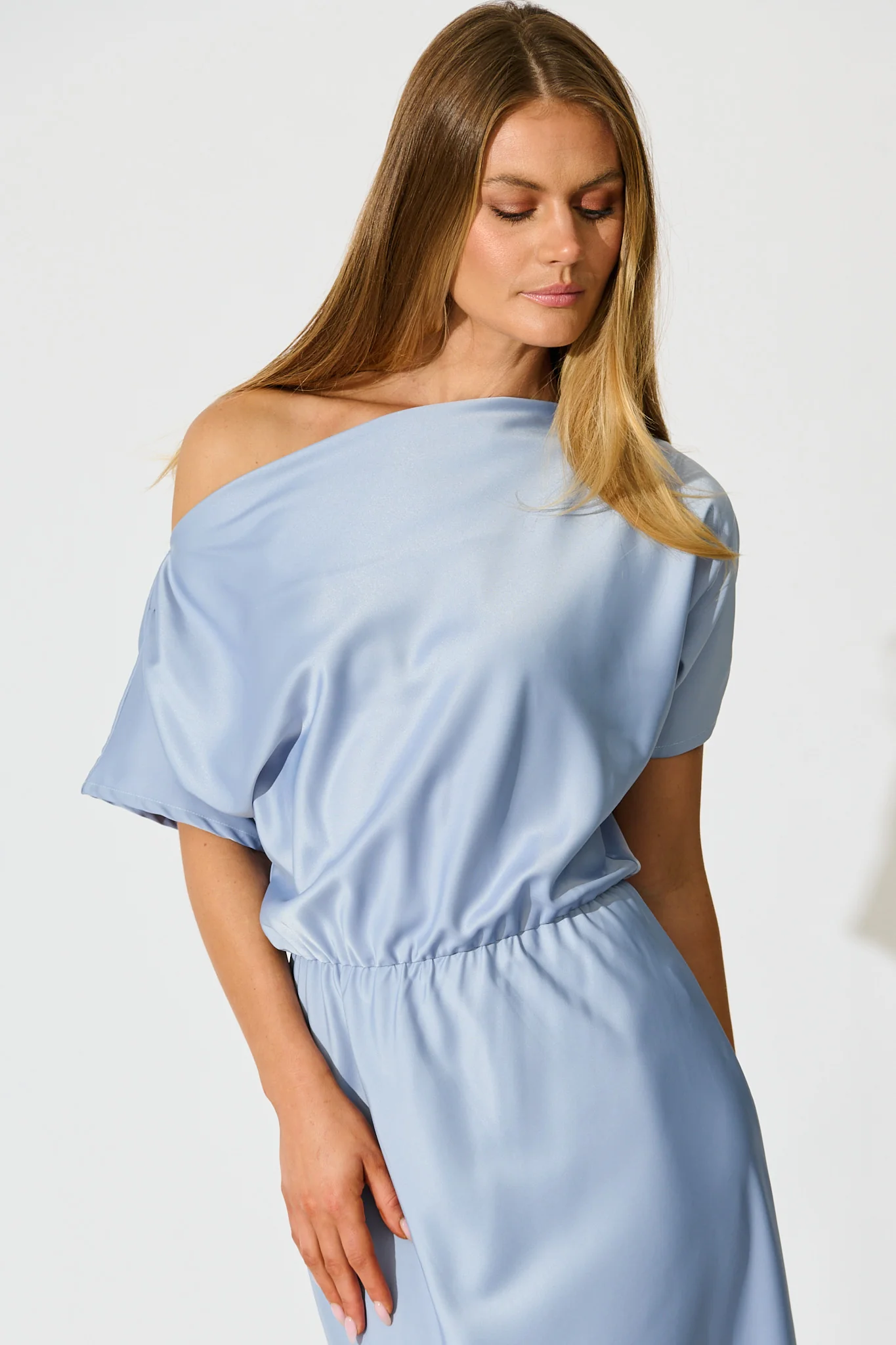 Forever And Always Maxi Off Shoulder Dress in Ice Blue Satin - Image 5