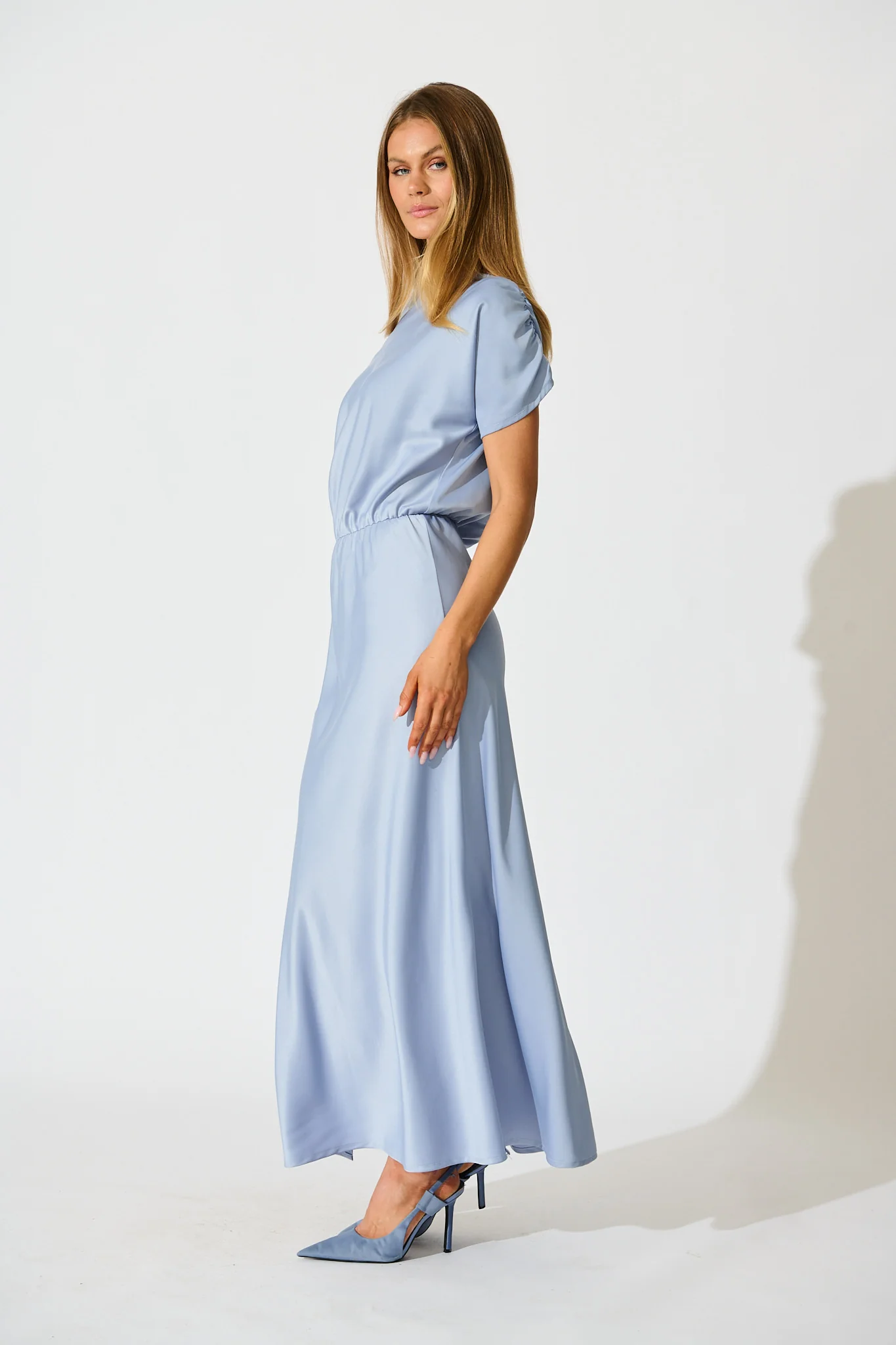 Forever And Always Maxi Off Shoulder Dress in Ice Blue Satin - Image 6