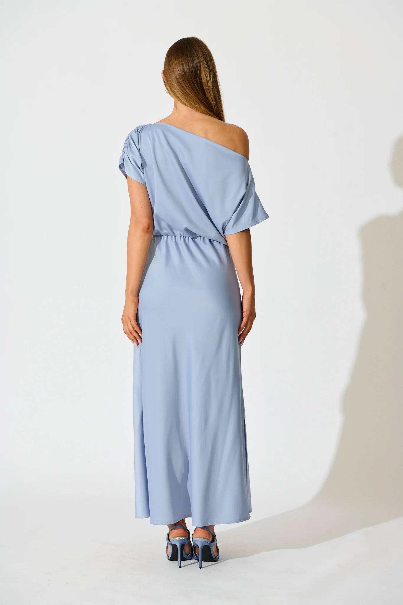 Forever And Always Maxi Off Shoulder Dress in Ice Blue Satin - Image 7