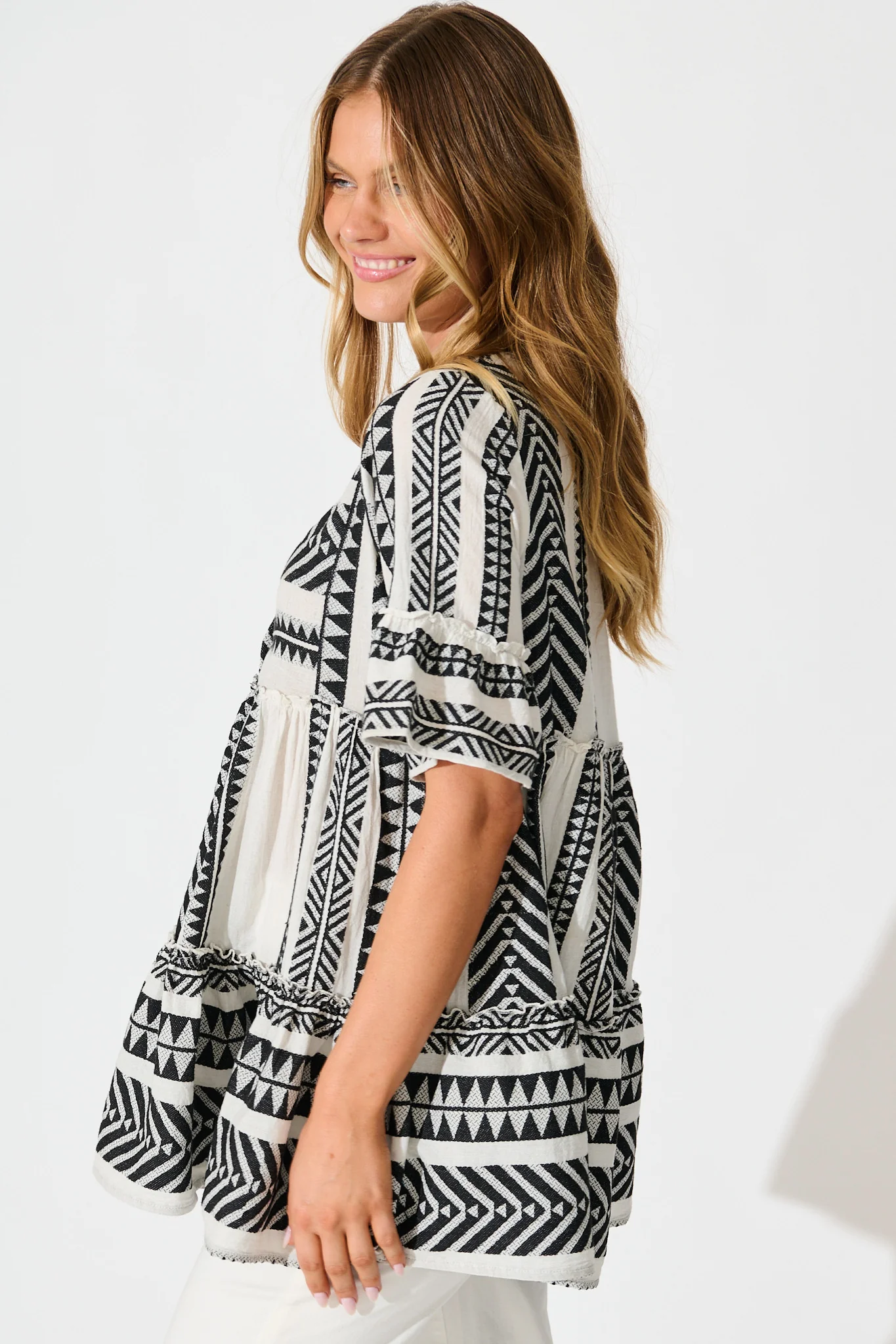 Forget Me Not Smock Top in White and Black Cotton - Image 2
