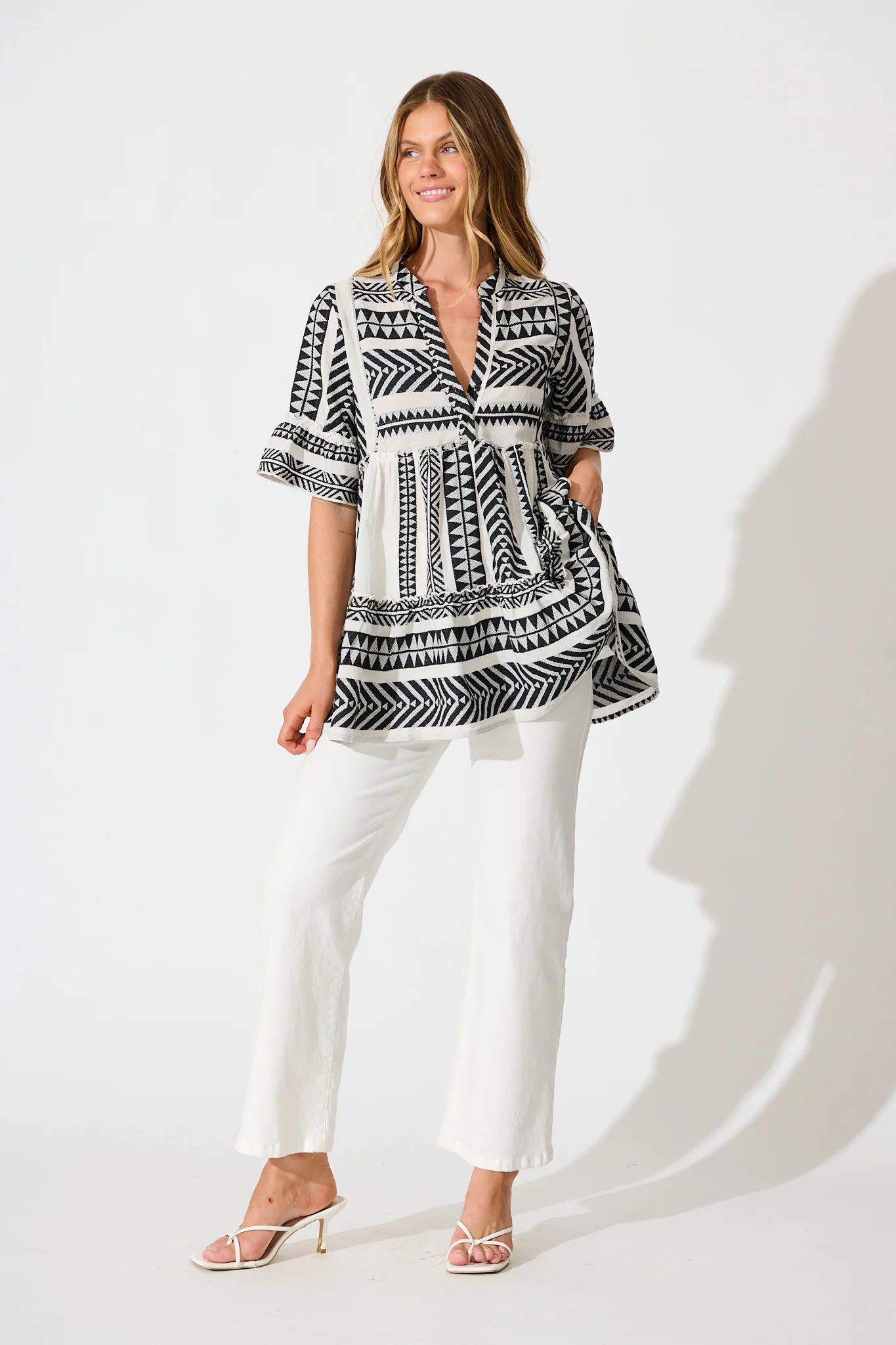 Forget Me Not Smock Top in White and Black Cotton - Image 4