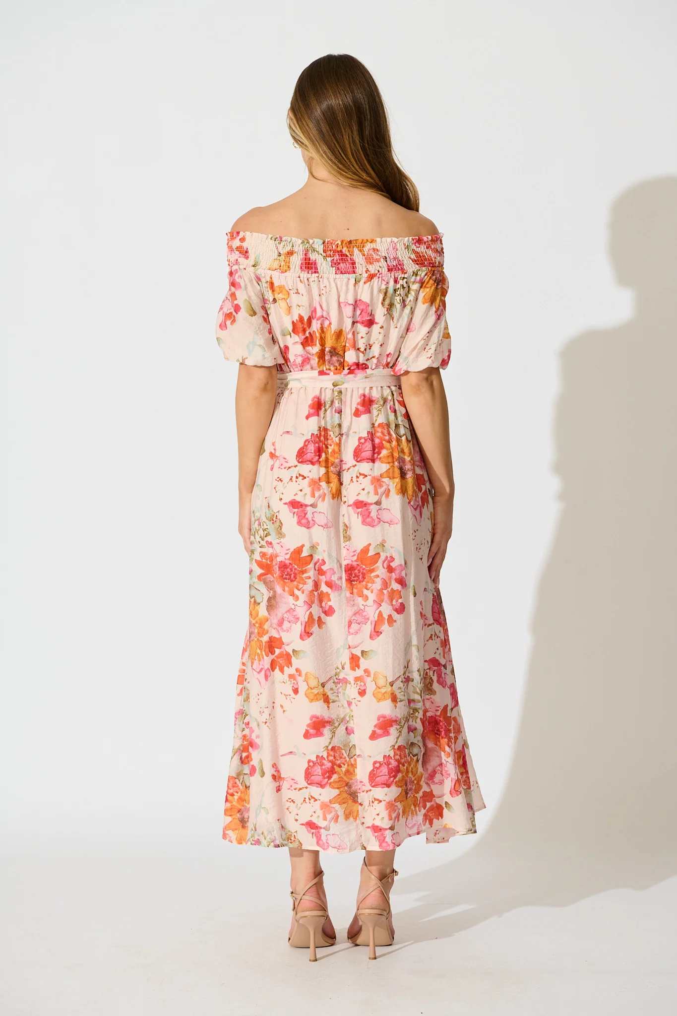 Fotini Off the Shoulder Dress in Blush with Tangerine Floral - Image 4